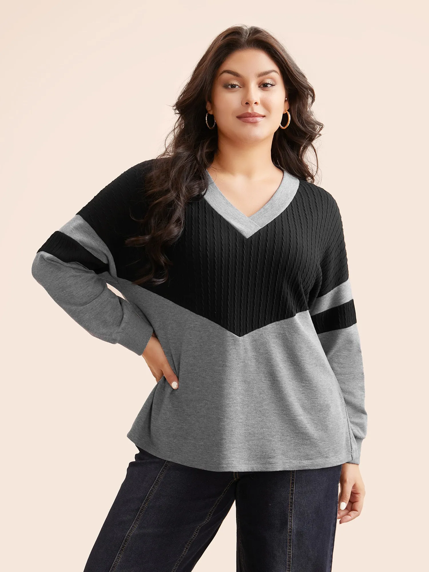 Texture Patchwork Contrast V Neck Sweatshirt sold by Bloomchic product image thumbnail 2