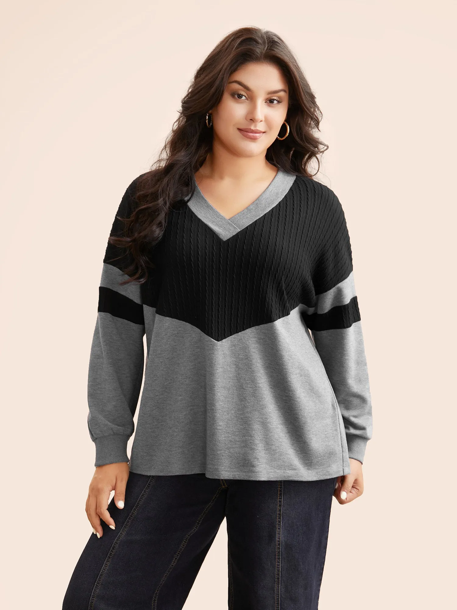 Texture Patchwork Contrast V Neck Sweatshirt sold by Bloomchic