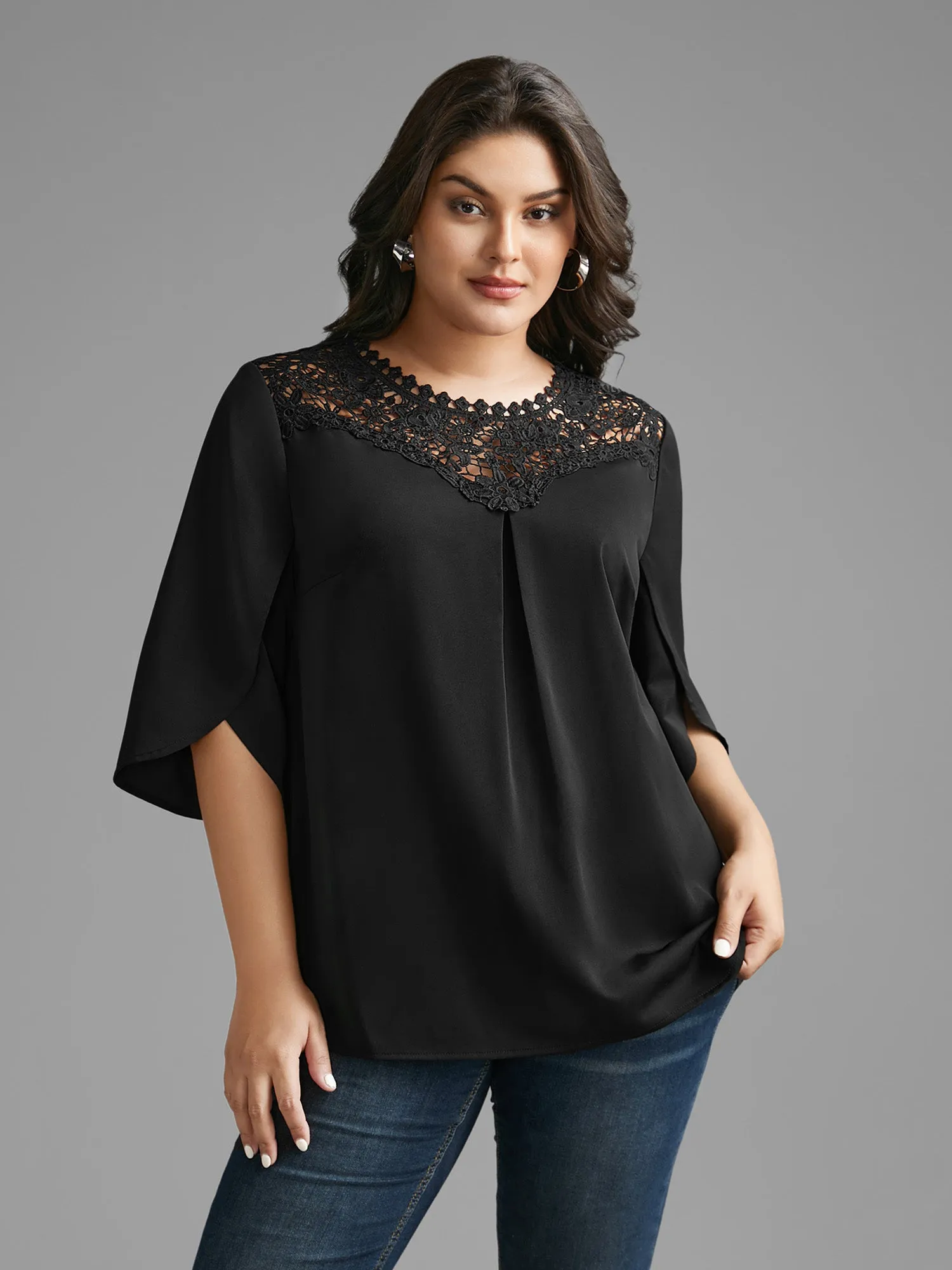 Static-Free Lace Patchwork Pleated Petal Sleeve Blouse sold by Bloomchic