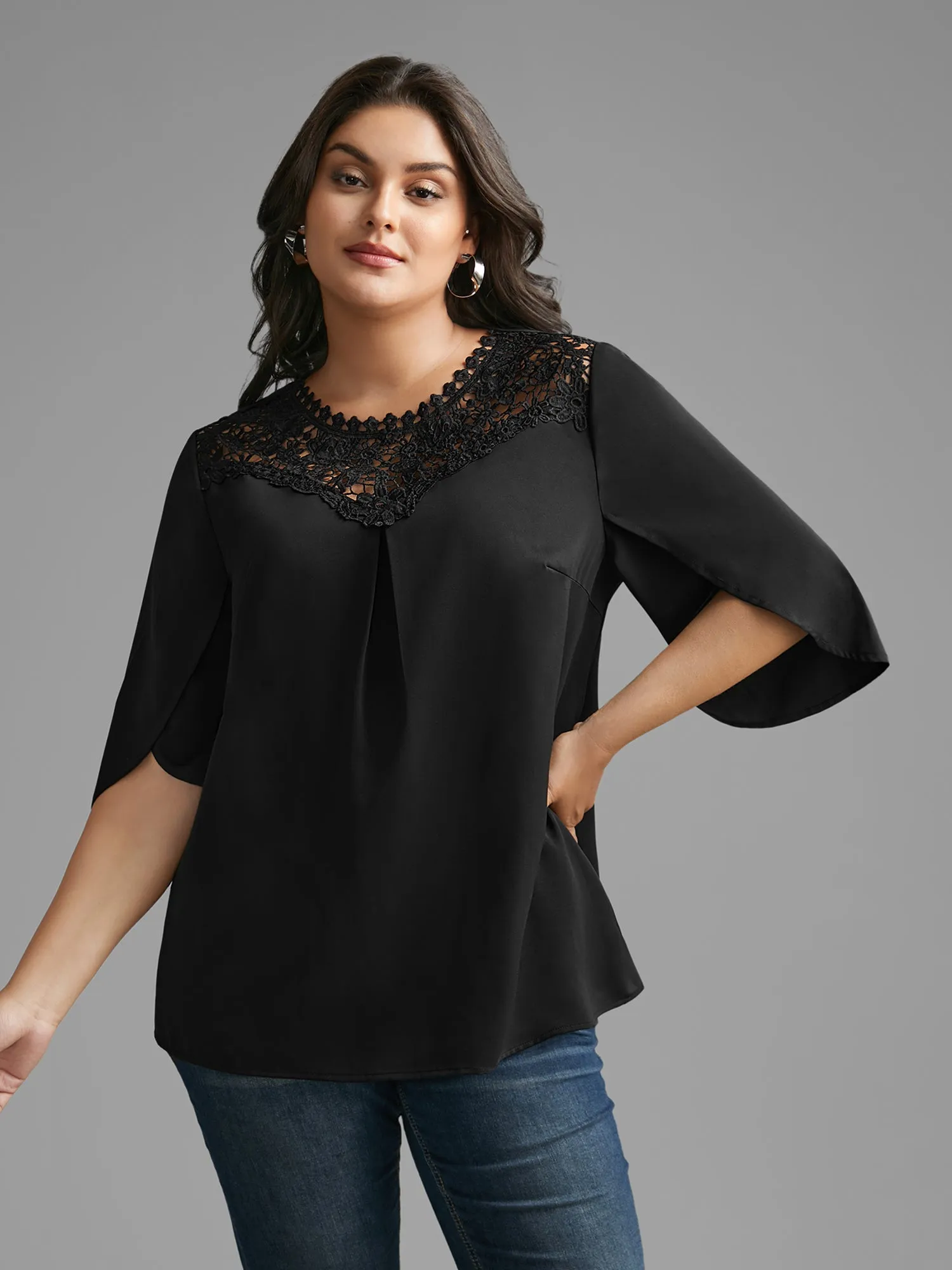 Static-Free Lace Patchwork Pleated Petal Sleeve Blouse sold by Bloomchic product image thumbnail 4