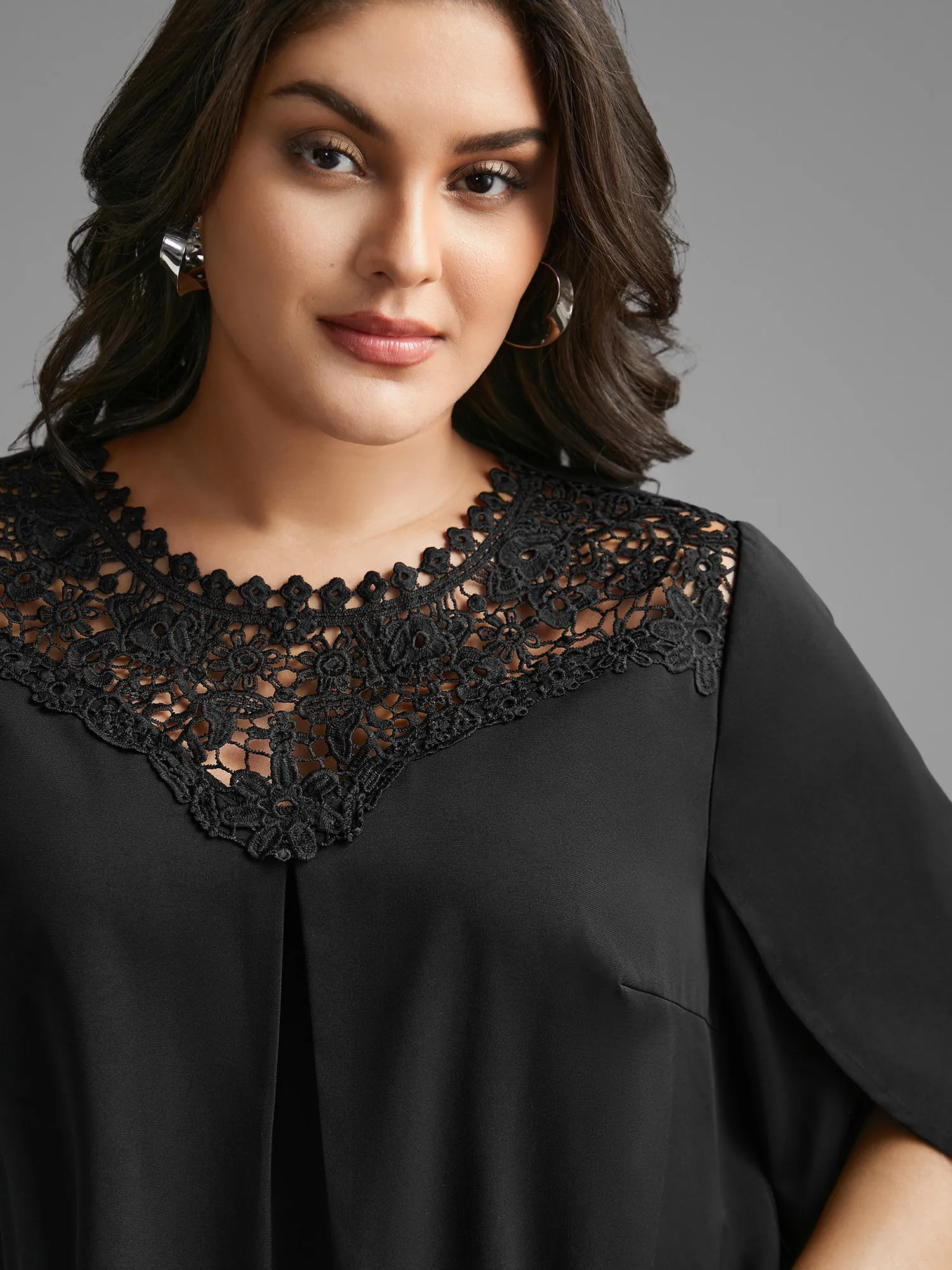 Static-Free Lace Patchwork Pleated Petal Sleeve Blouse sold by Bloomchic product image thumbnail 3