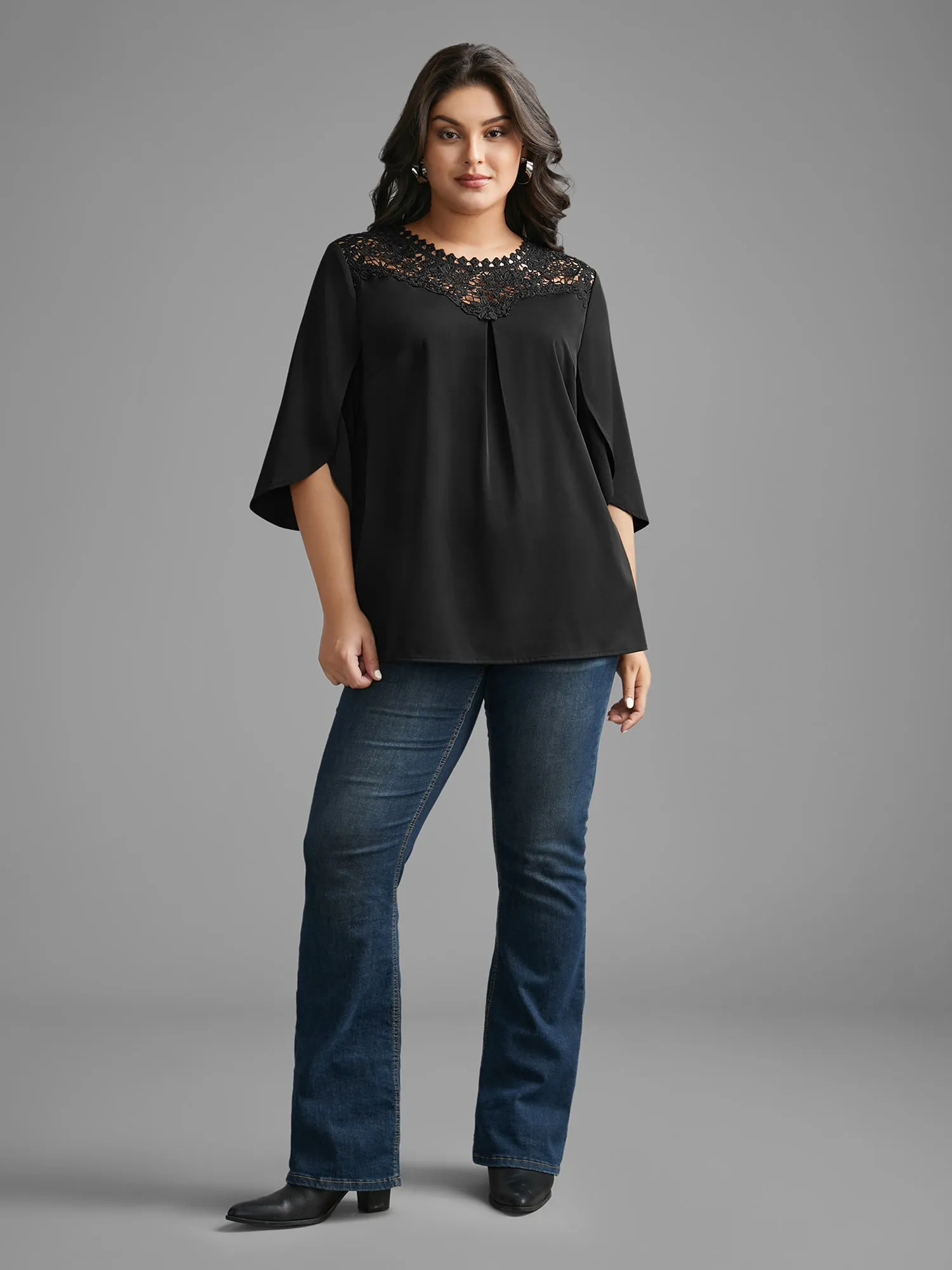 Static-Free Lace Patchwork Pleated Petal Sleeve Blouse sold by Bloomchic product image thumbnail 2