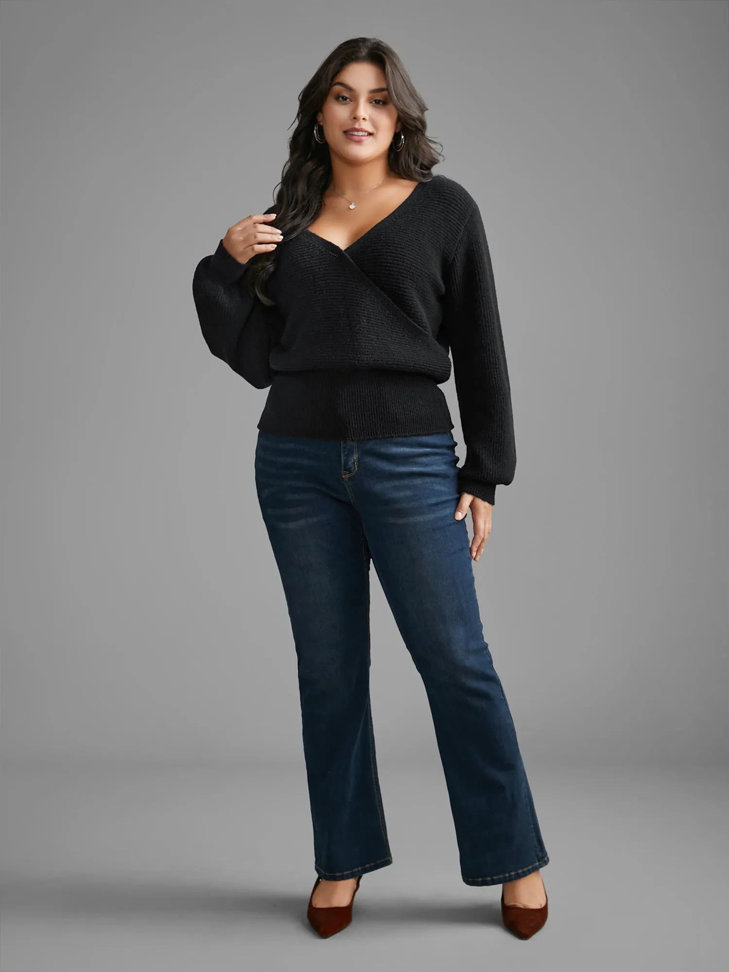 Overlap Collar Textured Lantern Sleeve Pullover sold by Bloomchic product image thumbnail 3