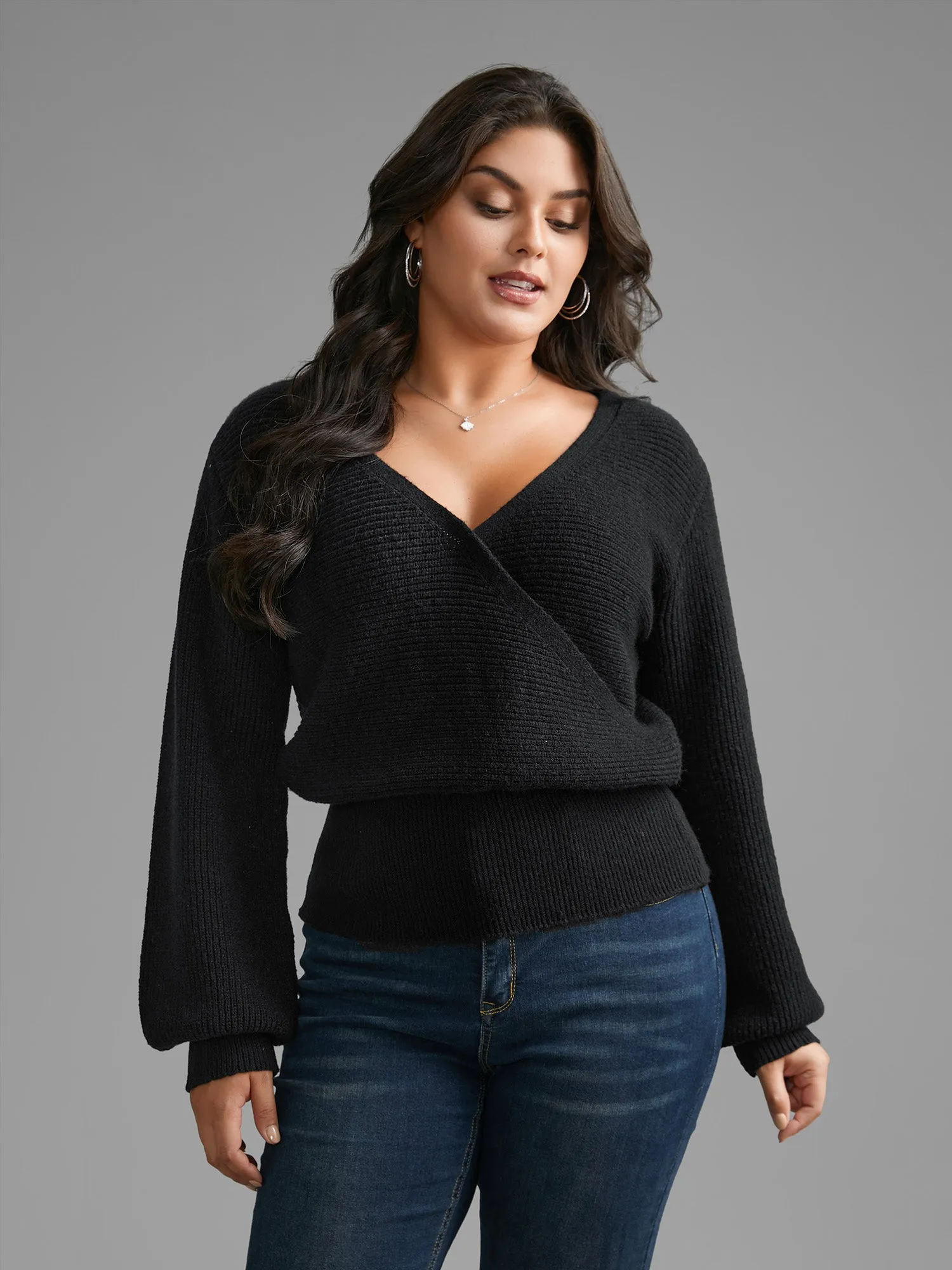 Overlap Collar Textured Lantern Sleeve Pullover sold by Bloomchic product image thumbnail 4