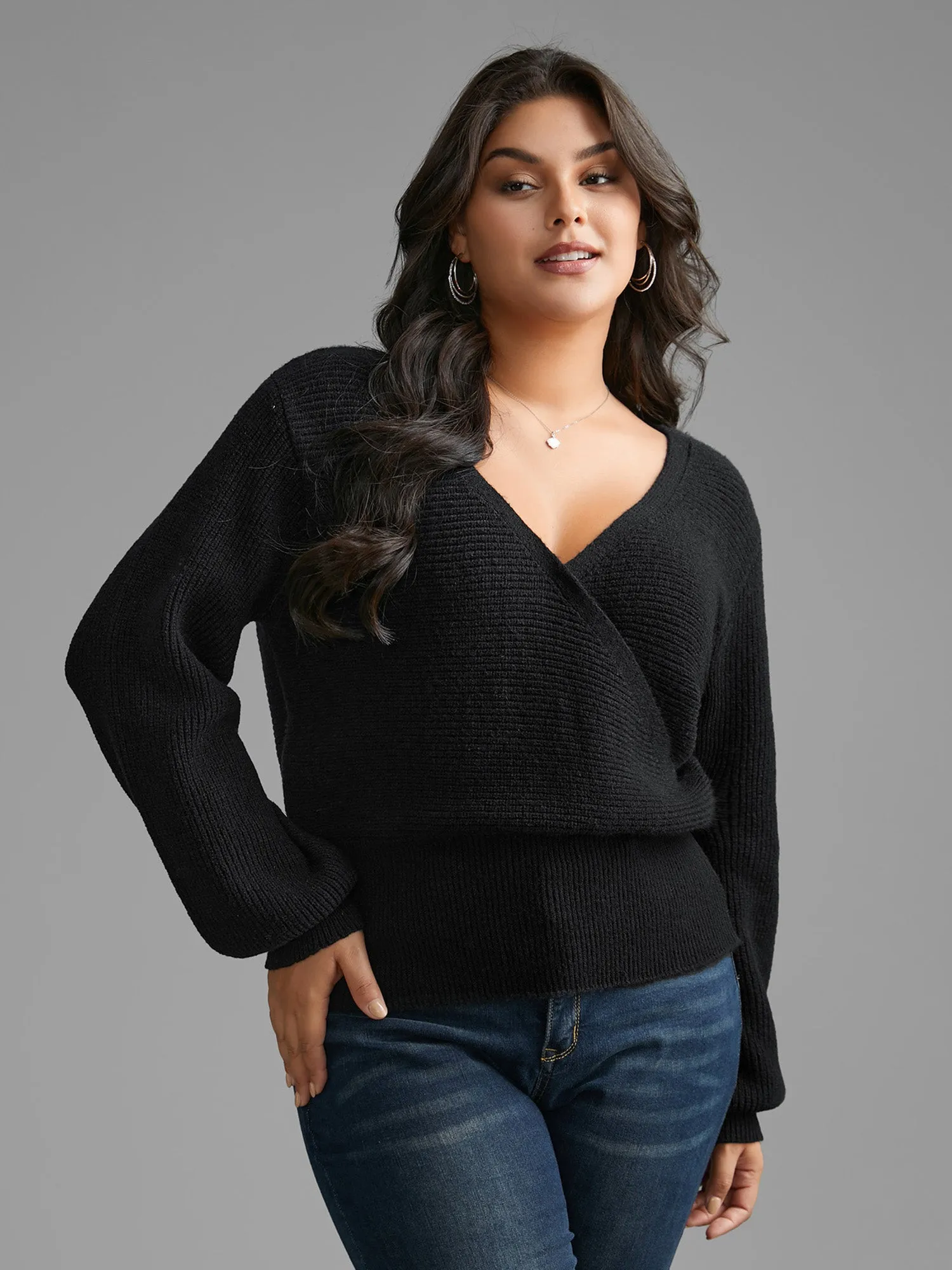 Overlap Collar Textured Lantern Sleeve Pullover sold by Bloomchic