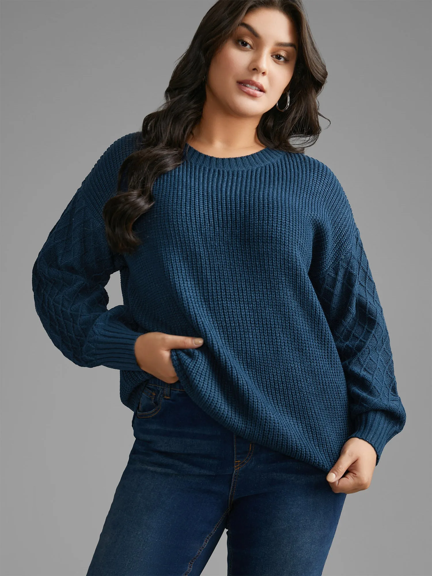 Cable Knit Texture Lantern Sleeve Pullover sold by Bloomchic product image thumbnail 4