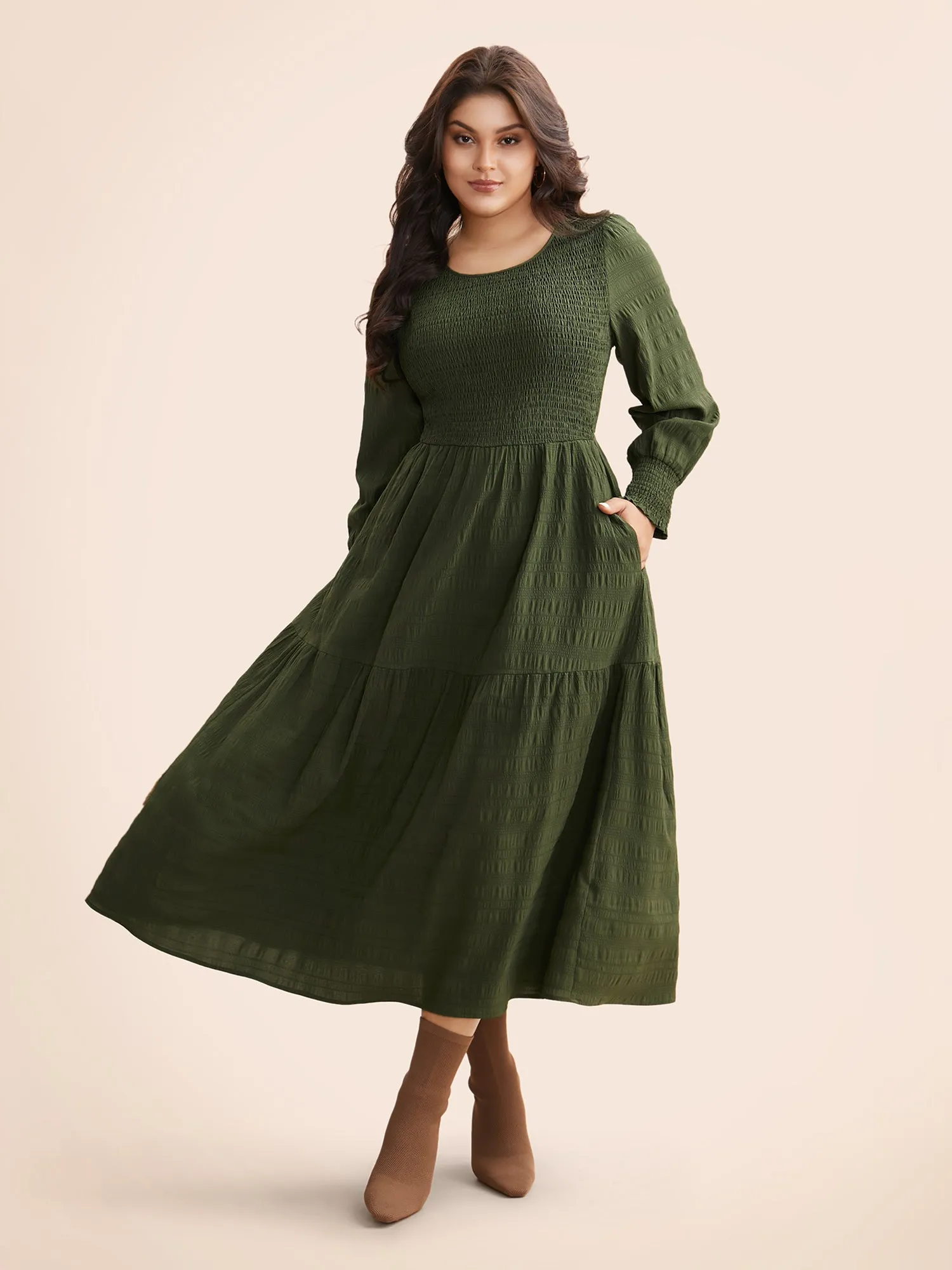 Plain Textured Shirred Midi Dress sold by Bloomchic product image thumbnail 3