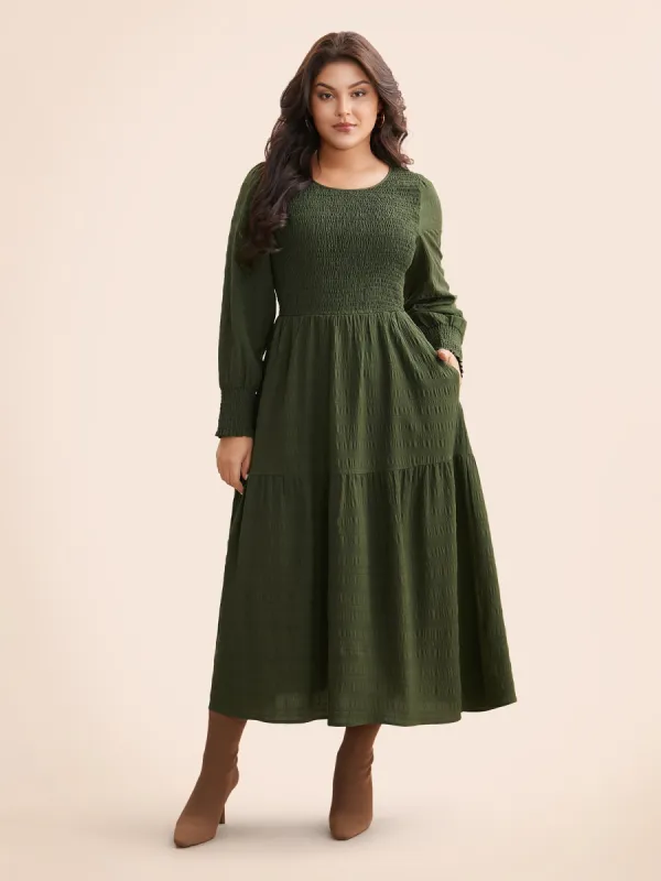 Plain Textured Shirred Midi Dress sold by Bloomchic