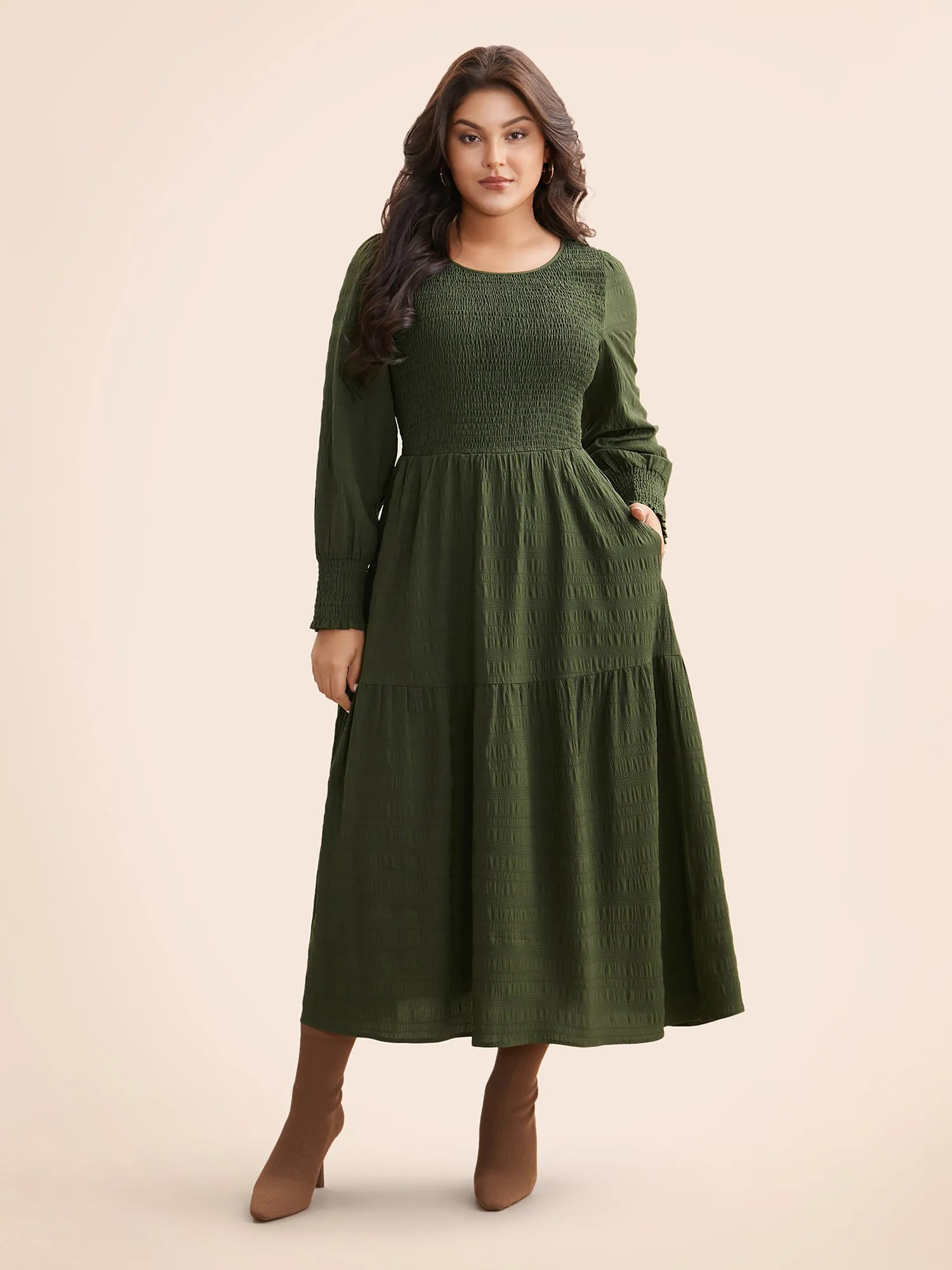 Plain Textured Shirred Midi Dress sold by Bloomchic