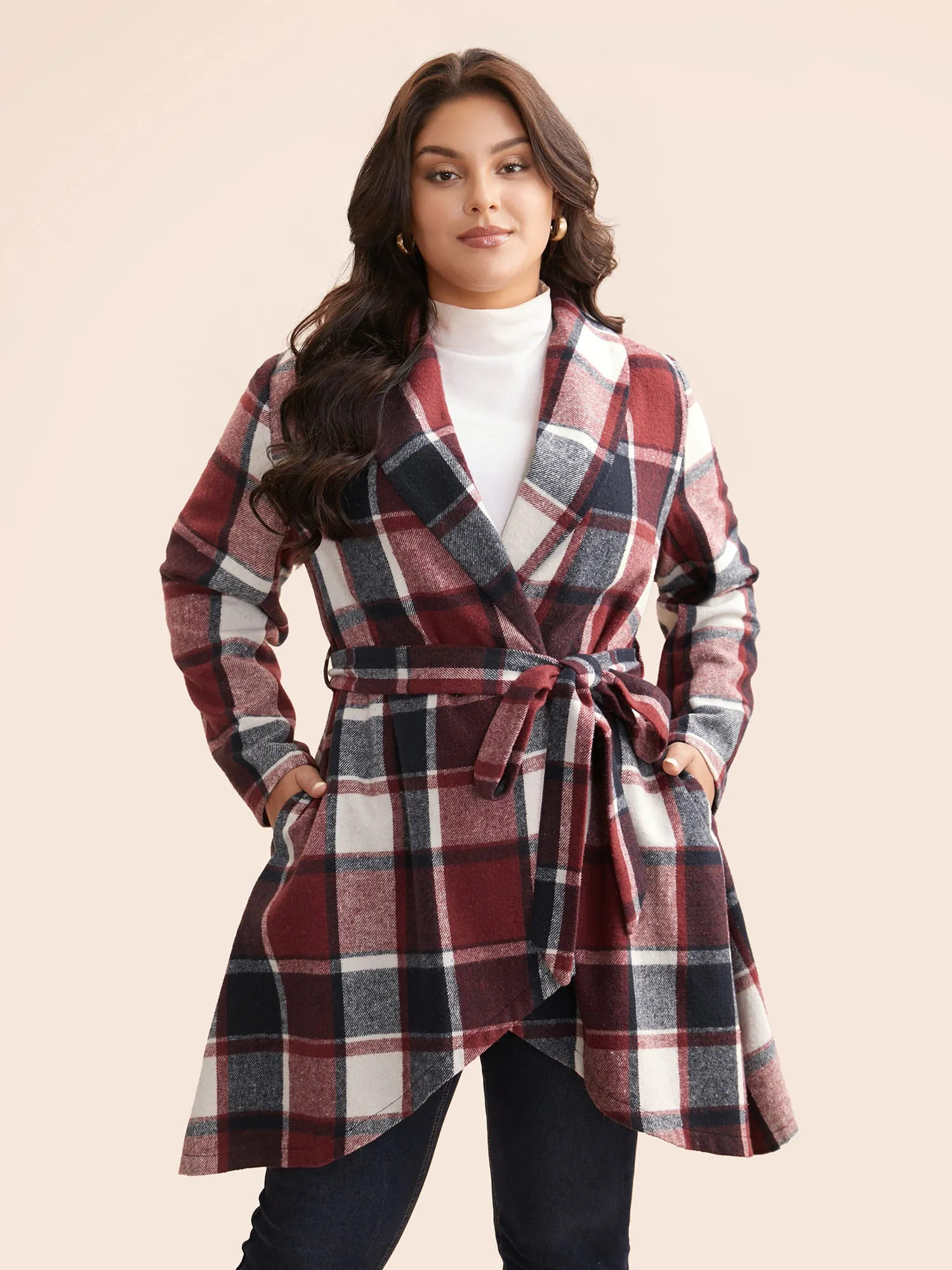 Plaid Asymmetrical Hem Belted Coat sold by Bloomchic product image thumbnail 4