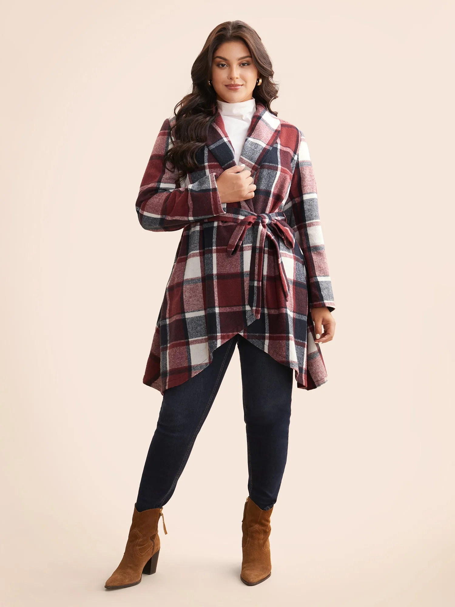 Plaid Asymmetrical Hem Belted Coat sold by Bloomchic product image thumbnail 2