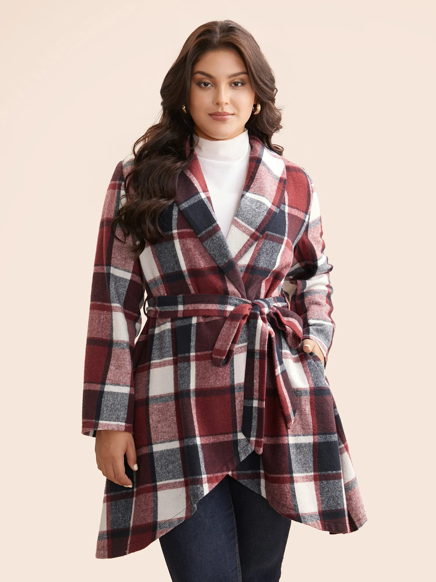Plaid Asymmetrical Hem Belted Coat sold by Bloomchic