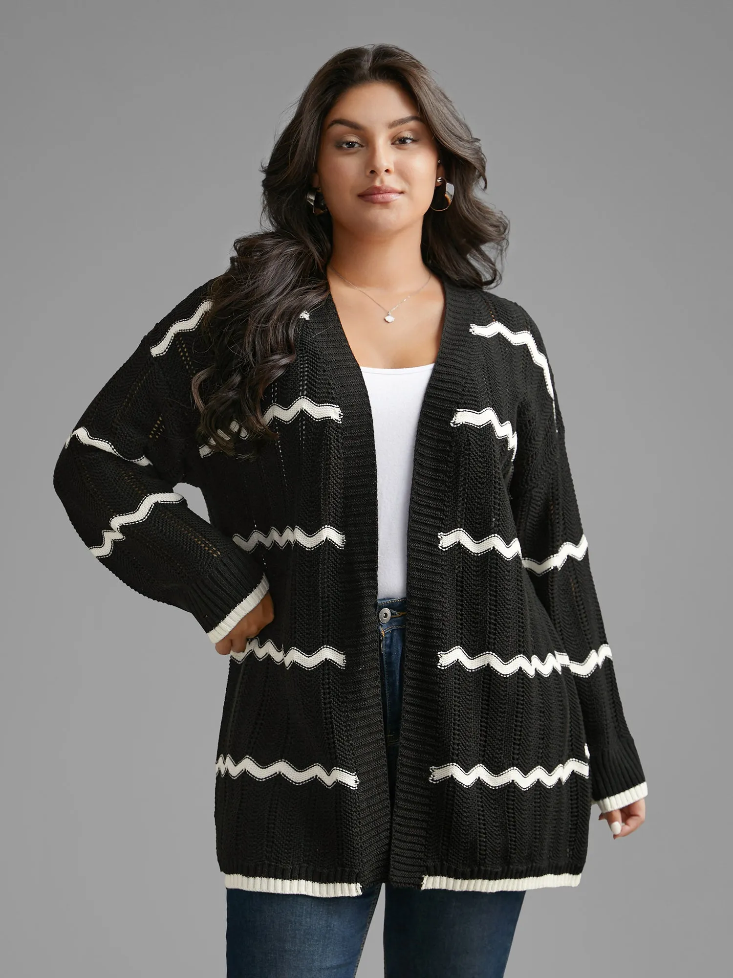 Striped Textured Pointelle Knit Cardigan sold by Bloomchic product image thumbnail 3