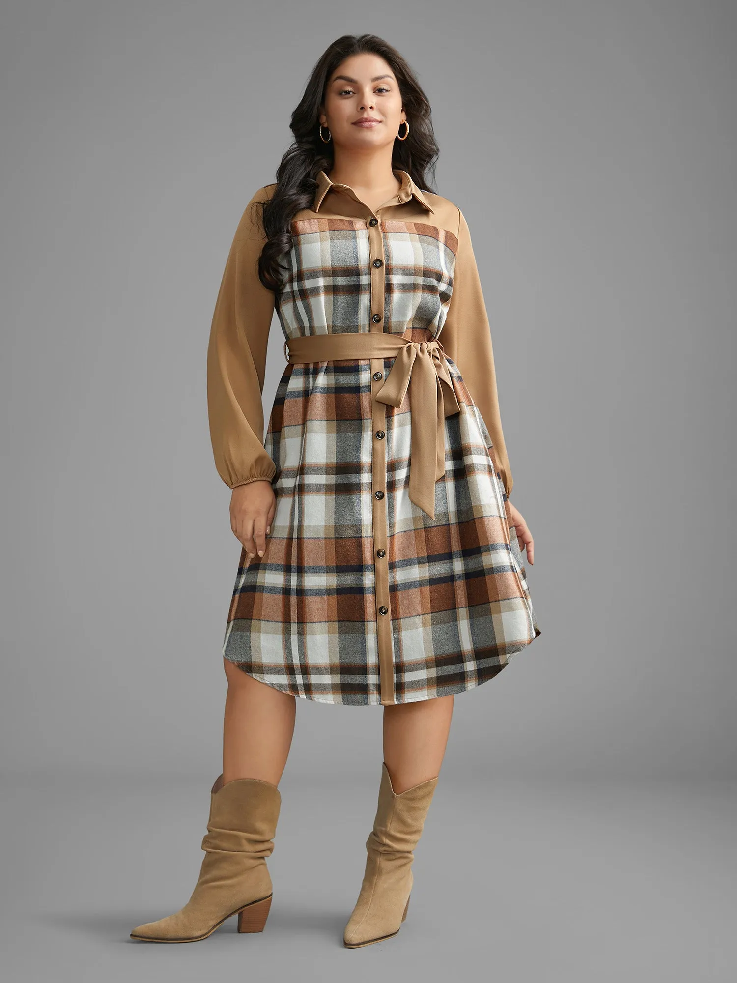 Shirt Collar Plaid Patchwork Belted Dress sold by Bloomchic