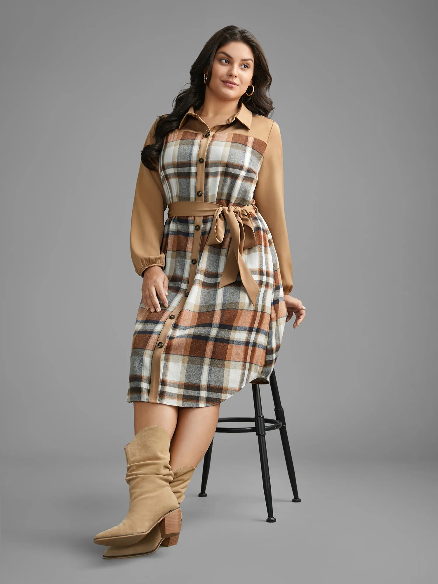Shirt Collar Plaid Patchwork Belted Dress sold by Bloomchic product image thumbnail 2