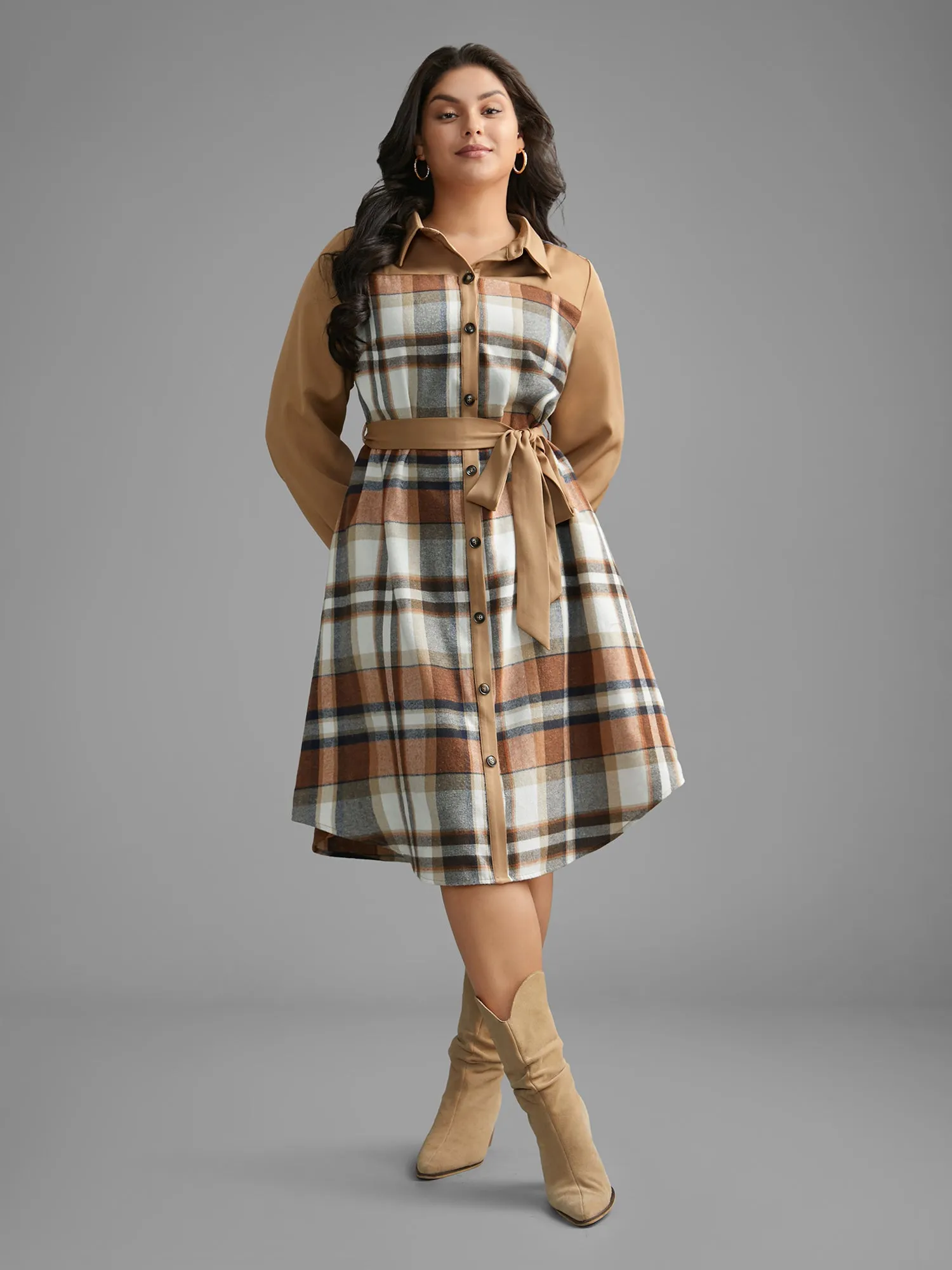 Shirt Collar Plaid Patchwork Belted Dress sold by Bloomchic product image thumbnail 4