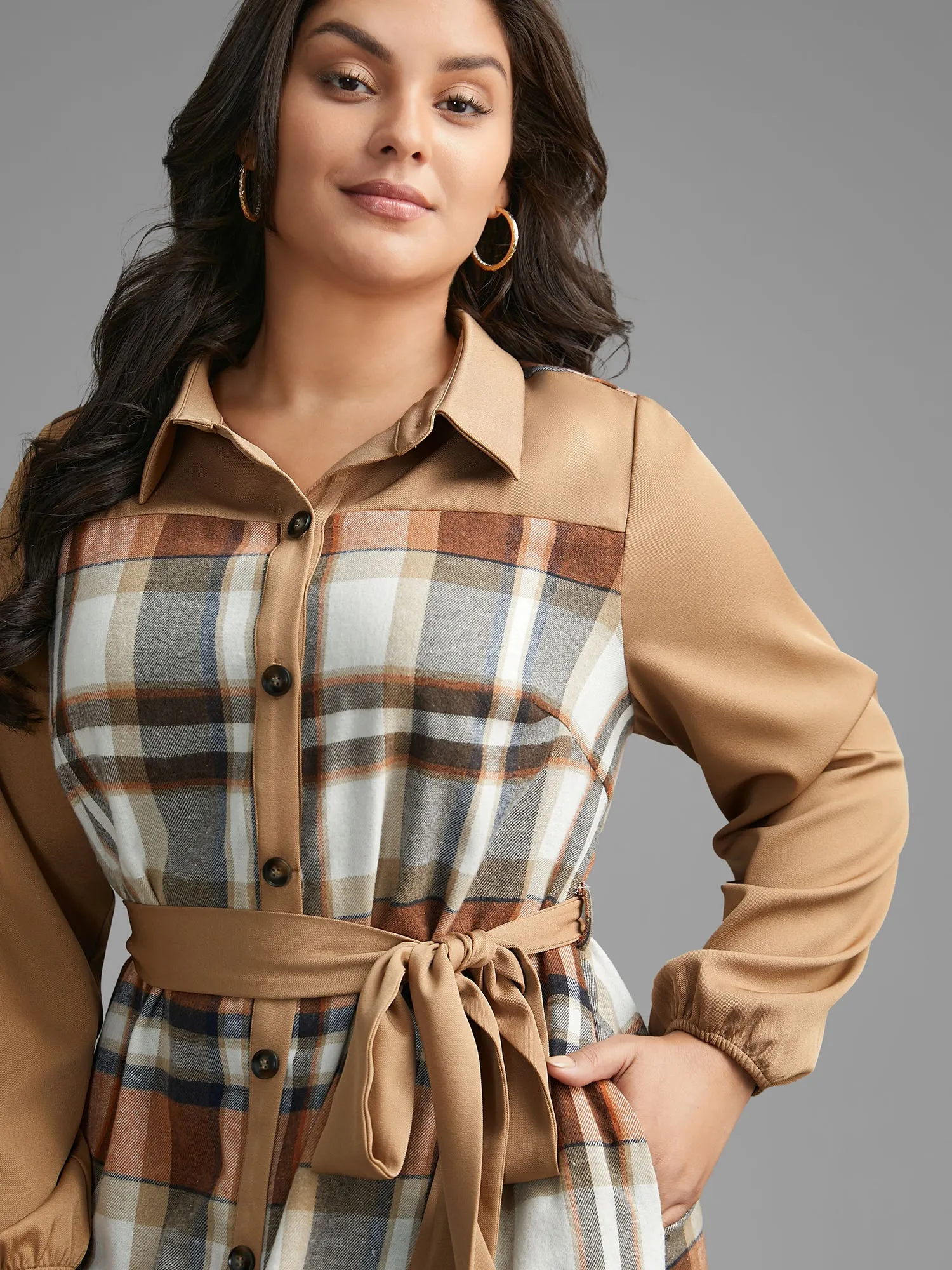Shirt Collar Plaid Patchwork Belted Dress sold by Bloomchic product image thumbnail 3