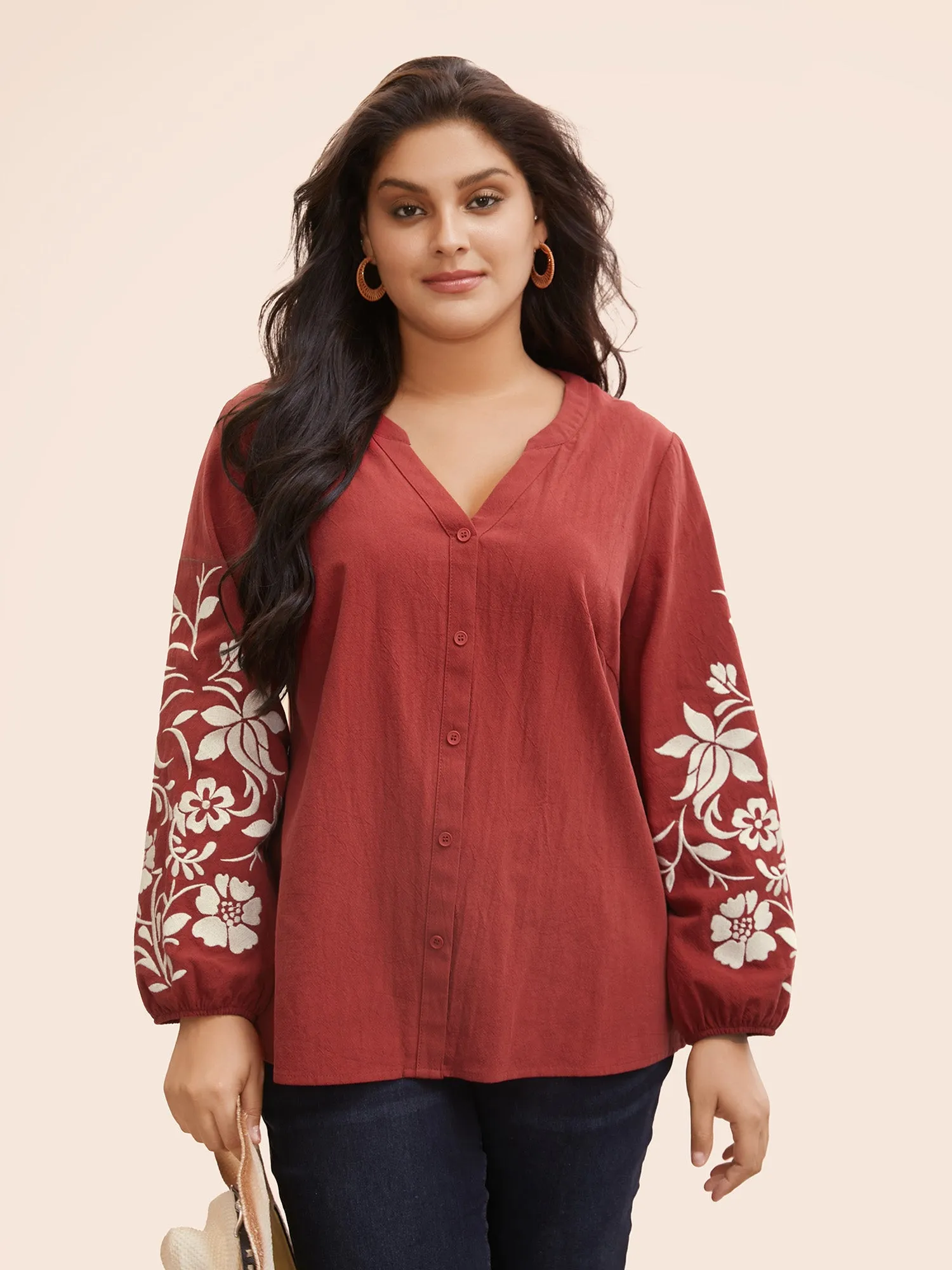 Floral Embroidered Full Sleeves Notched Collar Blouse sold by Bloomchic