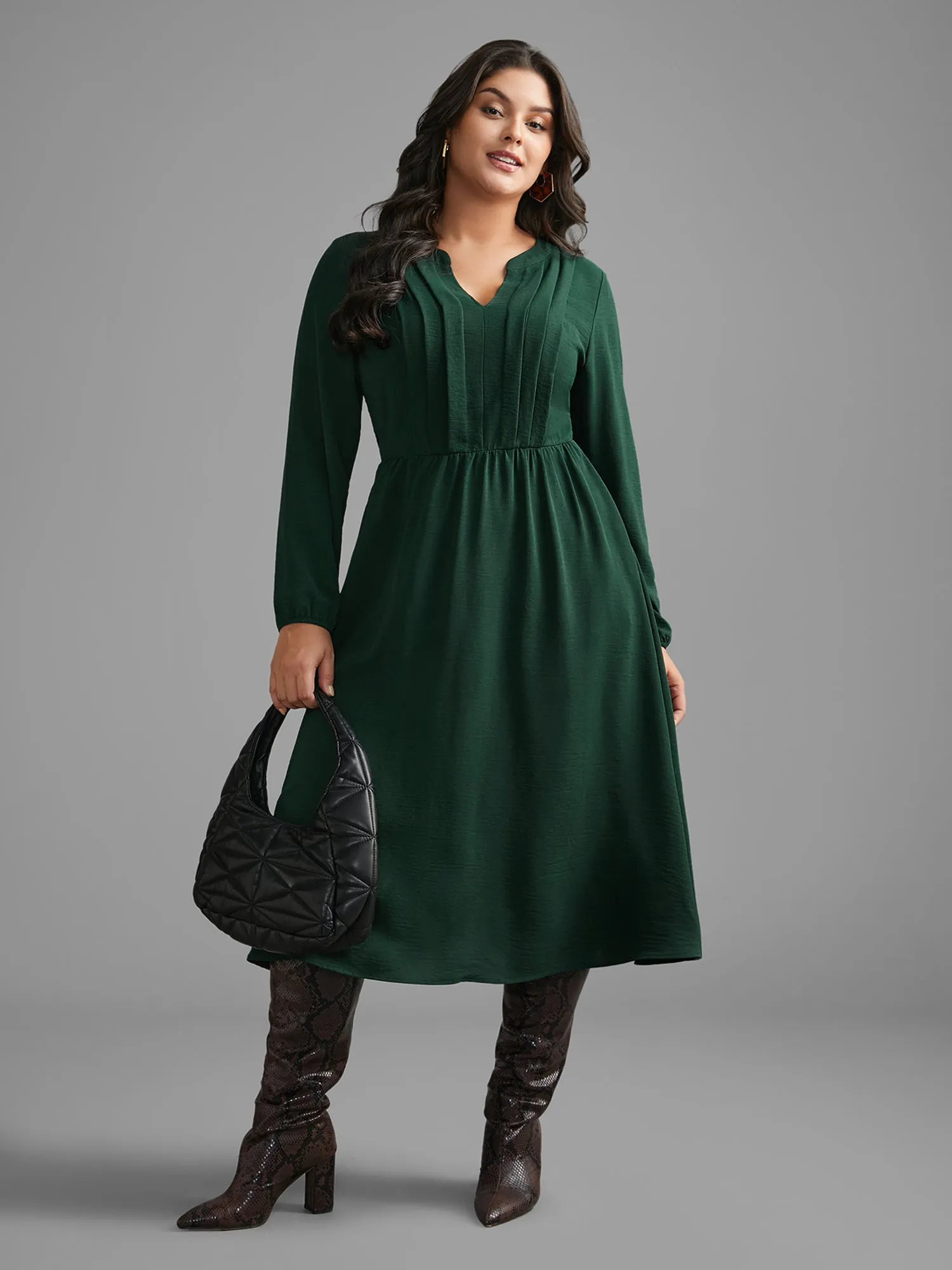 Plain Notched Pleated Midi Dress sold by Bloomchic