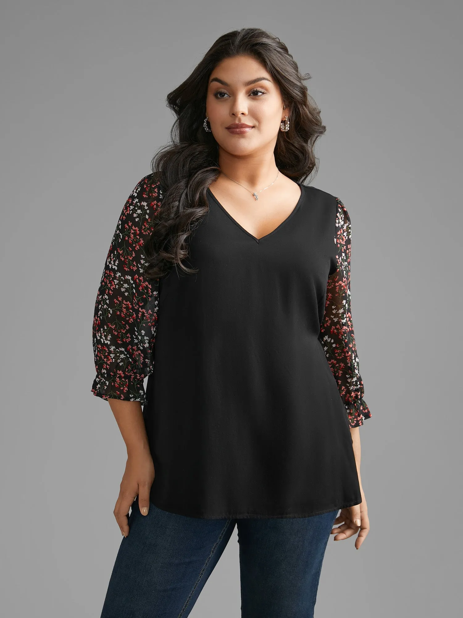 V Neck Ditsy Floral Patchwork Blouse sold by Bloomchic product image thumbnail 4