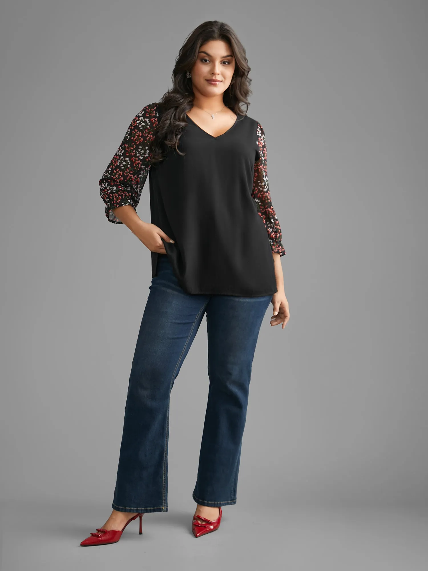 V Neck Ditsy Floral Patchwork Blouse sold by Bloomchic product image thumbnail 2