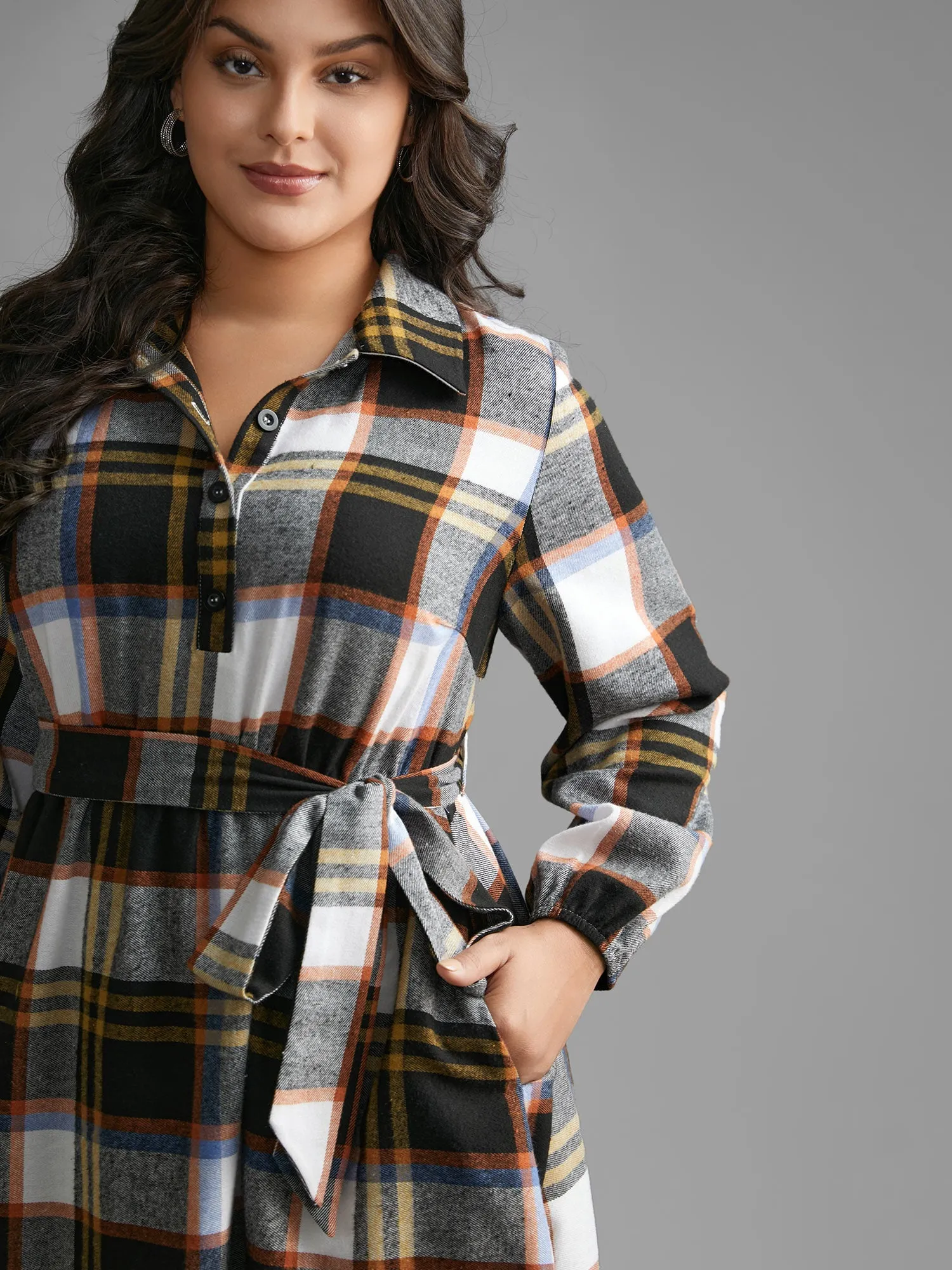 Plaid Button Up Belted Knit Dress sold by Bloomchic product image thumbnail 2