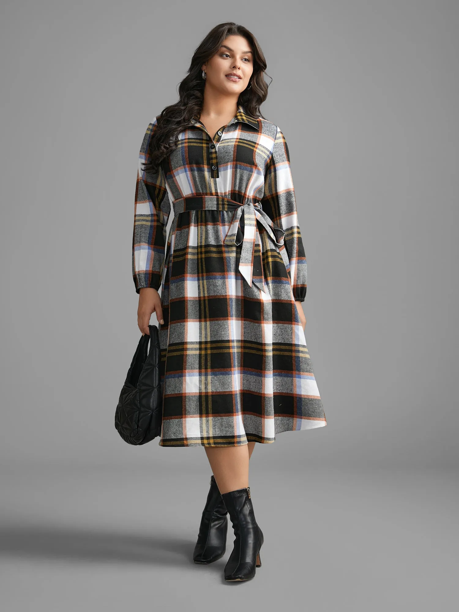 Plaid Button Up Belted Knit Dress sold by Bloomchic product image thumbnail 3