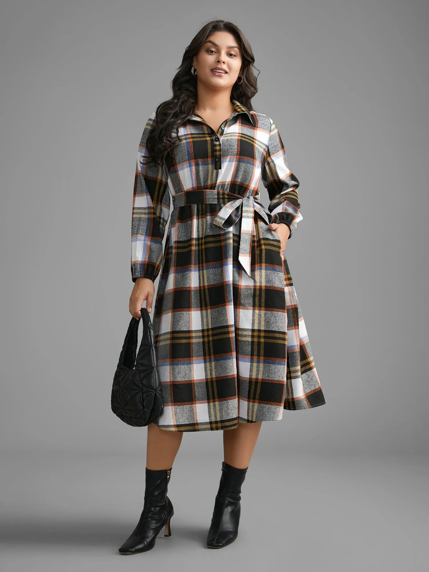 Plaid Button Up Belted Knit Dress sold by Bloomchic