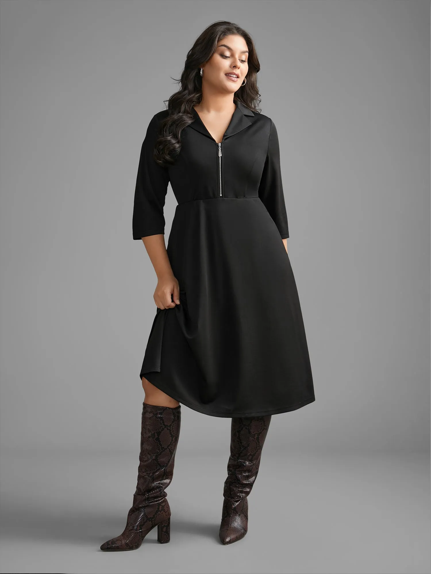 Suit Collar Half Zip Midi Dress sold by Bloomchic