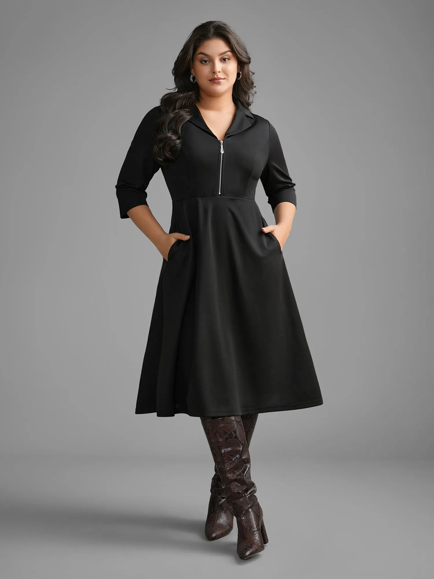 Suit Collar Half Zip Midi Dress sold by Bloomchic product image thumbnail 3