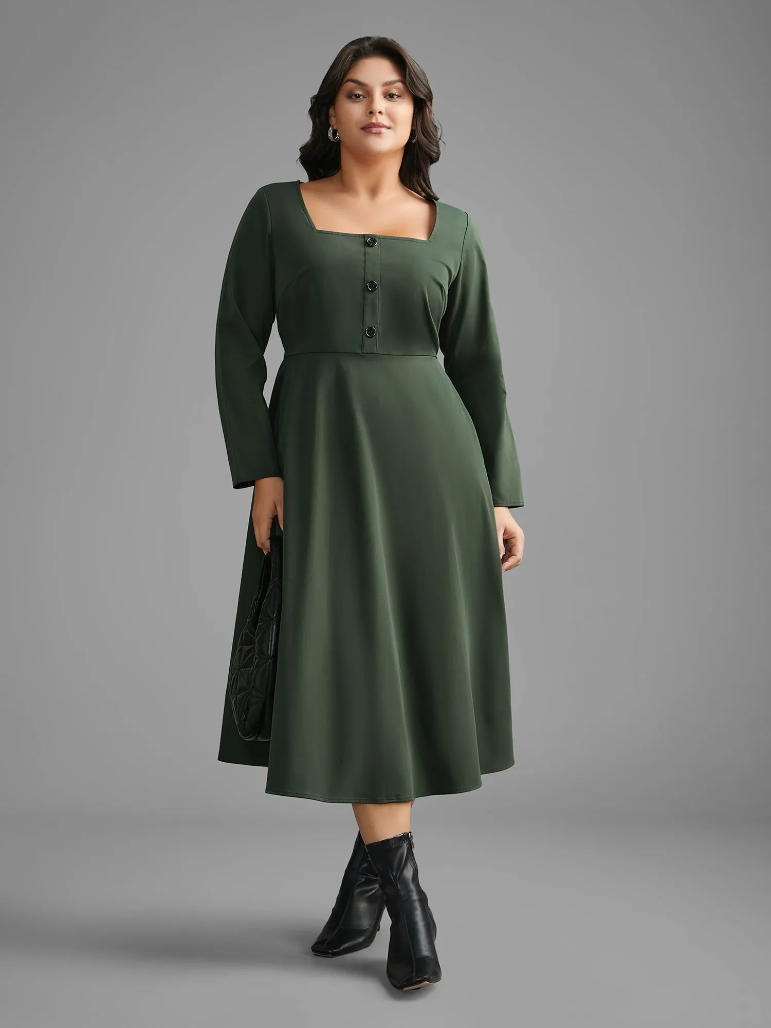 Square Neck Plain Button Detail Dress sold by Bloomchic product image thumbnail 3