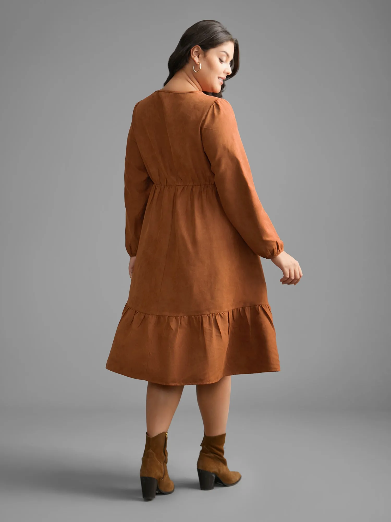 Faux Suede Lace Panel Lantern Sleeve Dress sold by Bloomchic product image thumbnail 5
