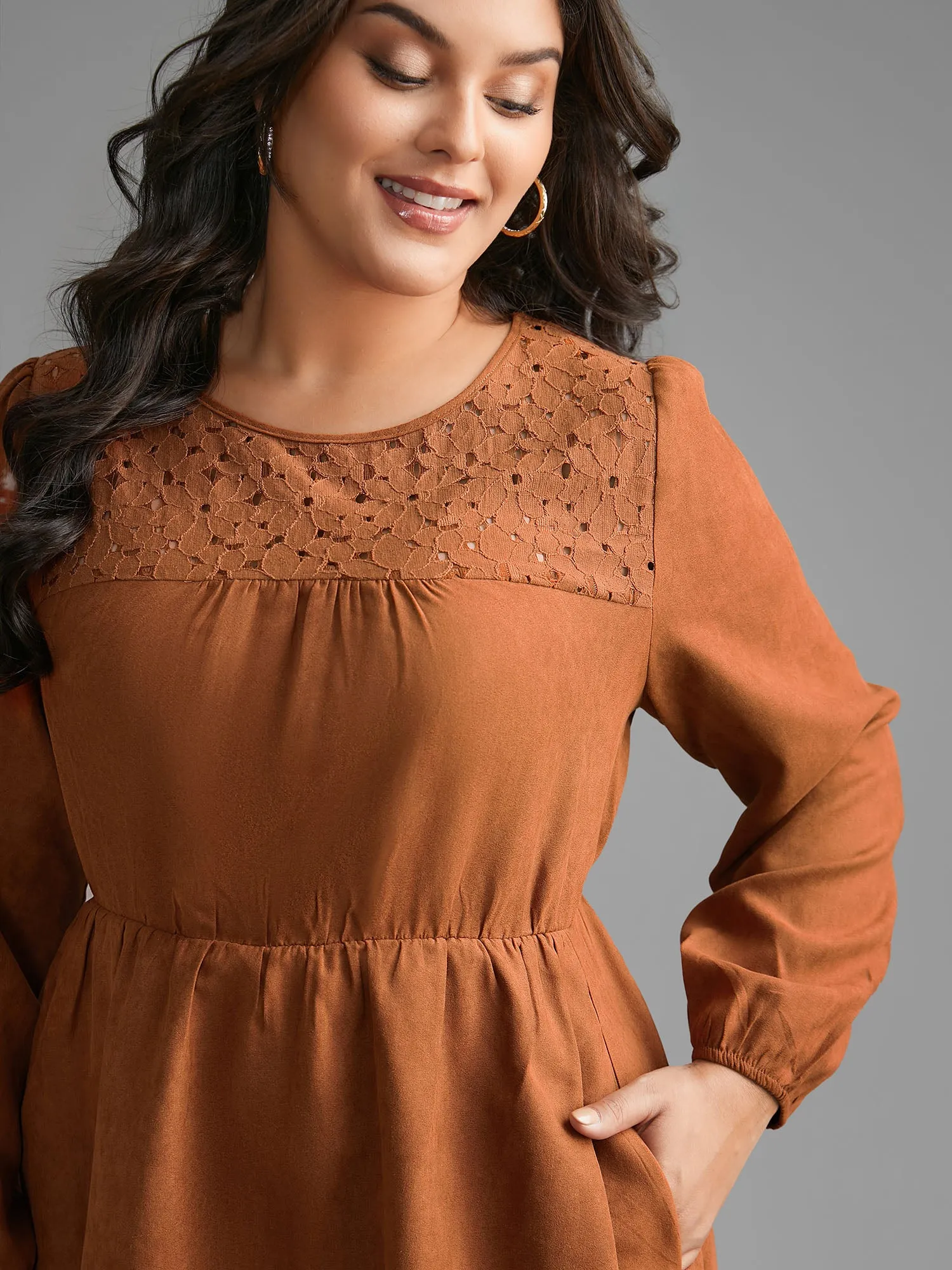 Faux Suede Lace Panel Lantern Sleeve Dress sold by Bloomchic product image thumbnail 2