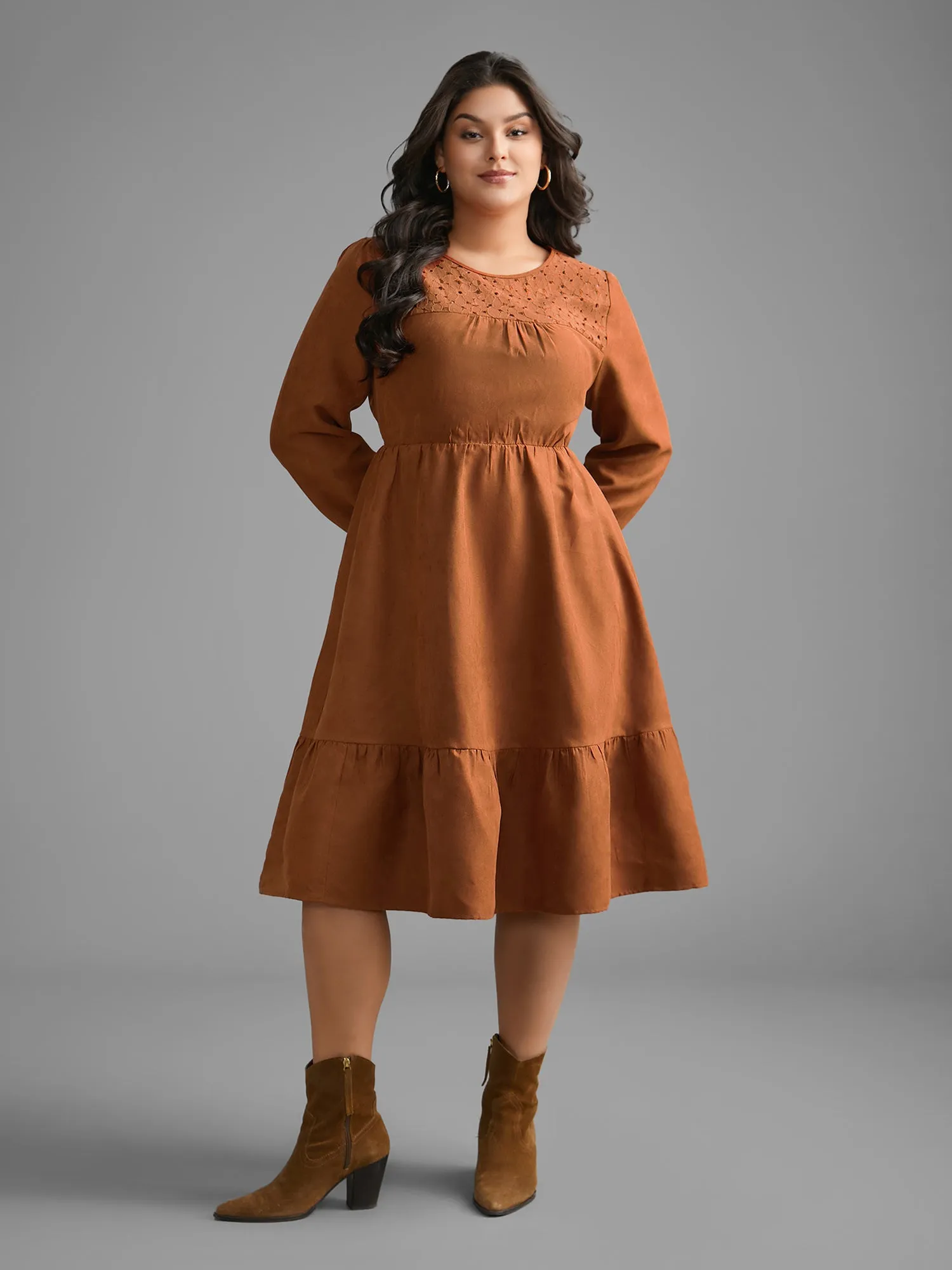 Faux Suede Lace Panel Lantern Sleeve Dress sold by Bloomchic product image thumbnail 4