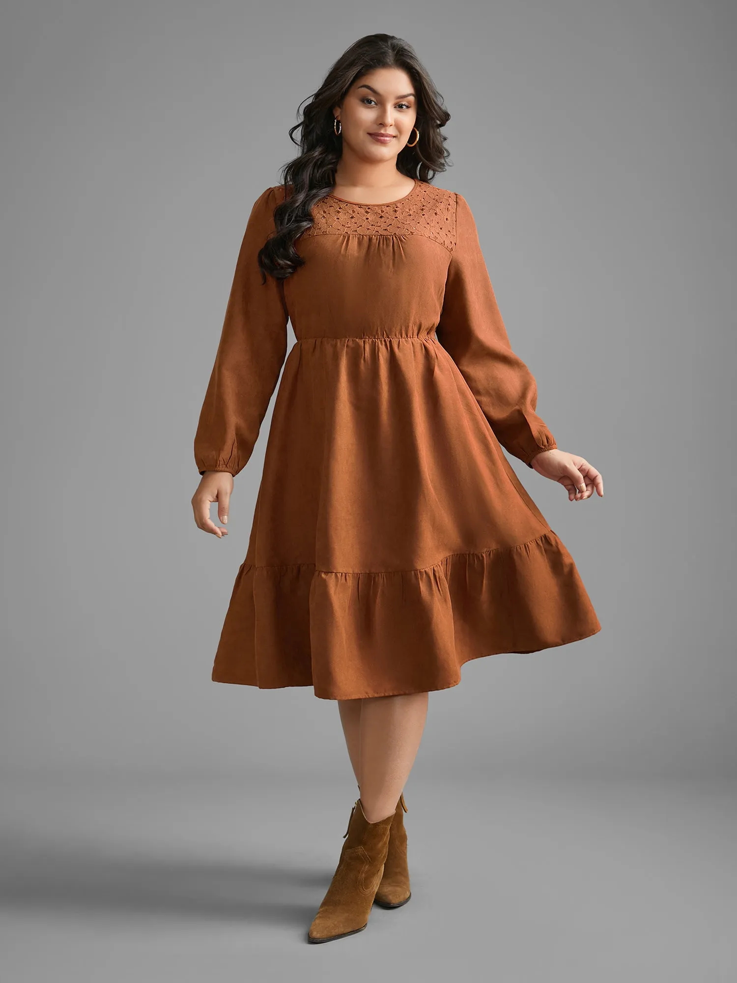 Faux Suede Lace Panel Lantern Sleeve Dress sold by Bloomchic