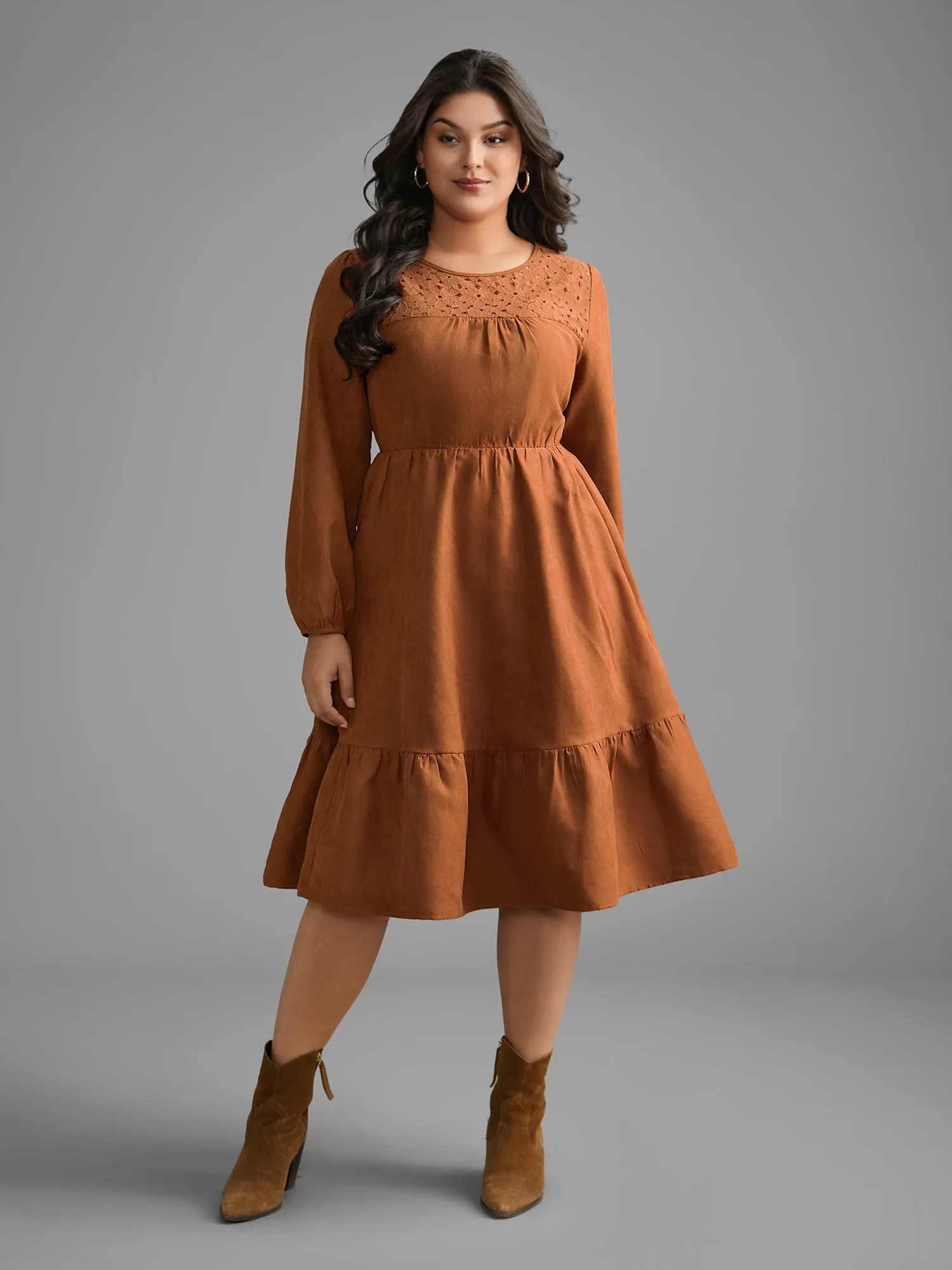 Faux Suede Lace Panel Lantern Sleeve Dress sold by Bloomchic product image thumbnail 3