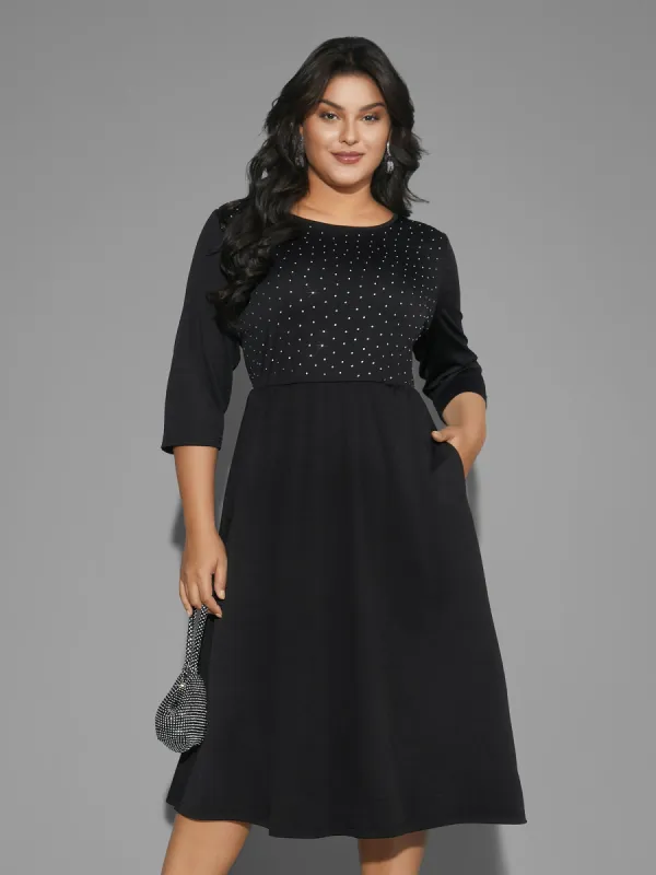 Round Neck Rhinestone Patchwork Midi Dress sold by Bloomchic