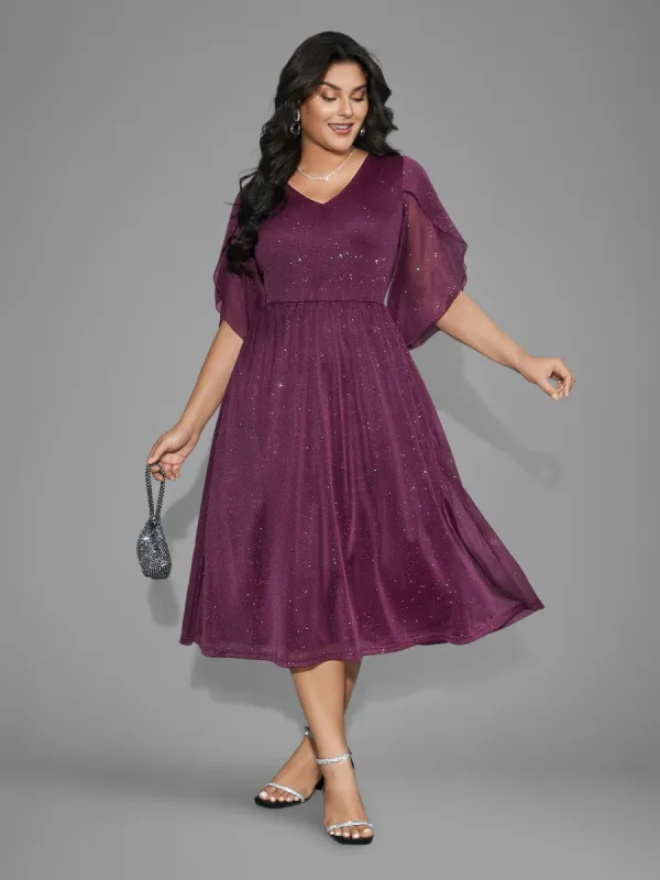 Glitter Mesh Petal Sleeve Midi Dress sold by Bloomchic