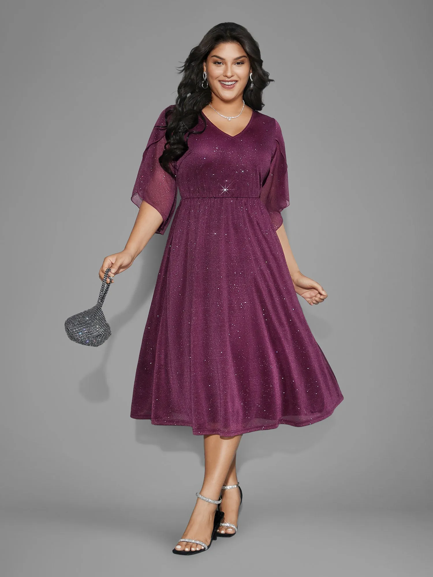 Glitter Mesh Petal Sleeve Midi Dress sold by Bloomchic product image thumbnail 3