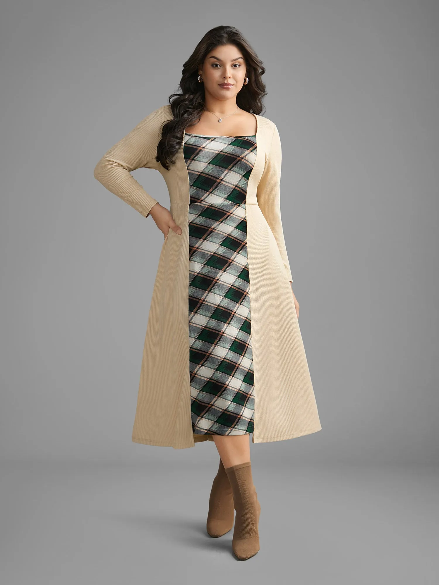 Square Neck Plaid Patchwork Knit Dress sold by Bloomchic product image thumbnail 3