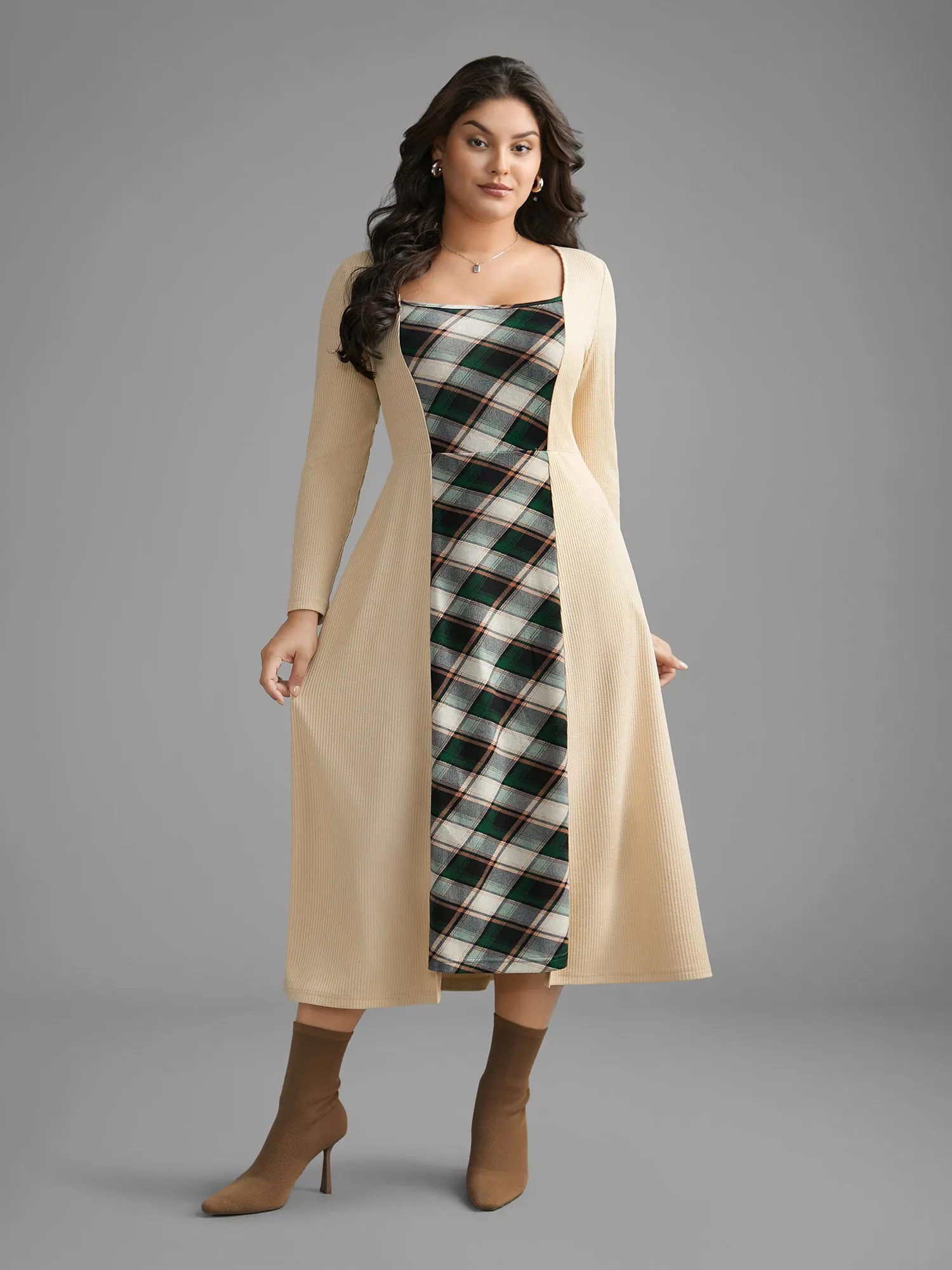 Square Neck Plaid Patchwork Knit Dress sold by Bloomchic