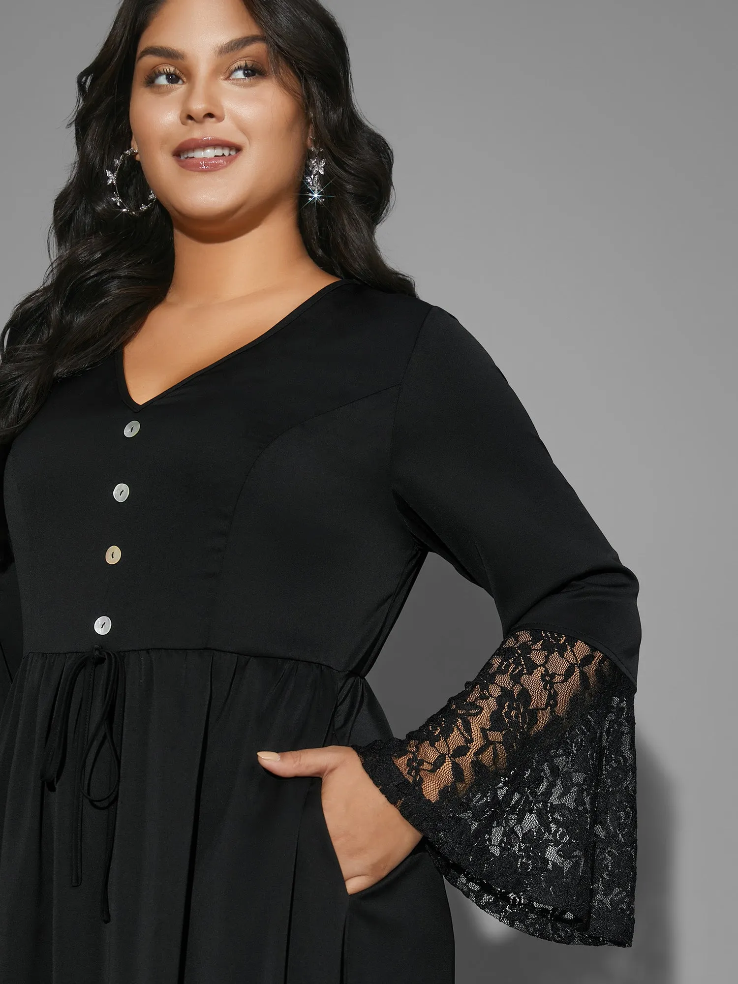 Lace Patchwork Button Detail Tie Knot Dress sold by Bloomchic product image thumbnail 2