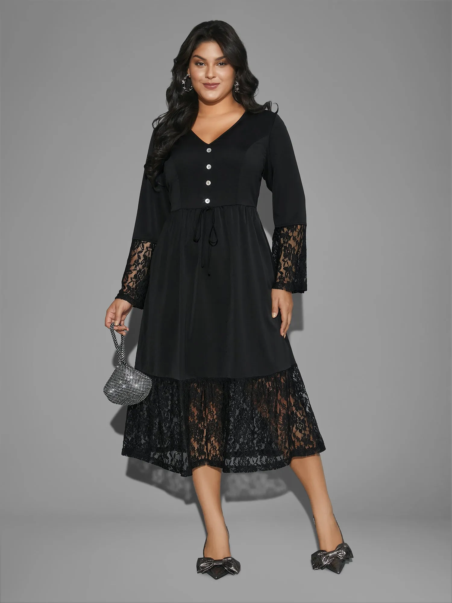 Lace Patchwork Button Detail Tie Knot Dress sold by Bloomchic product image thumbnail 4