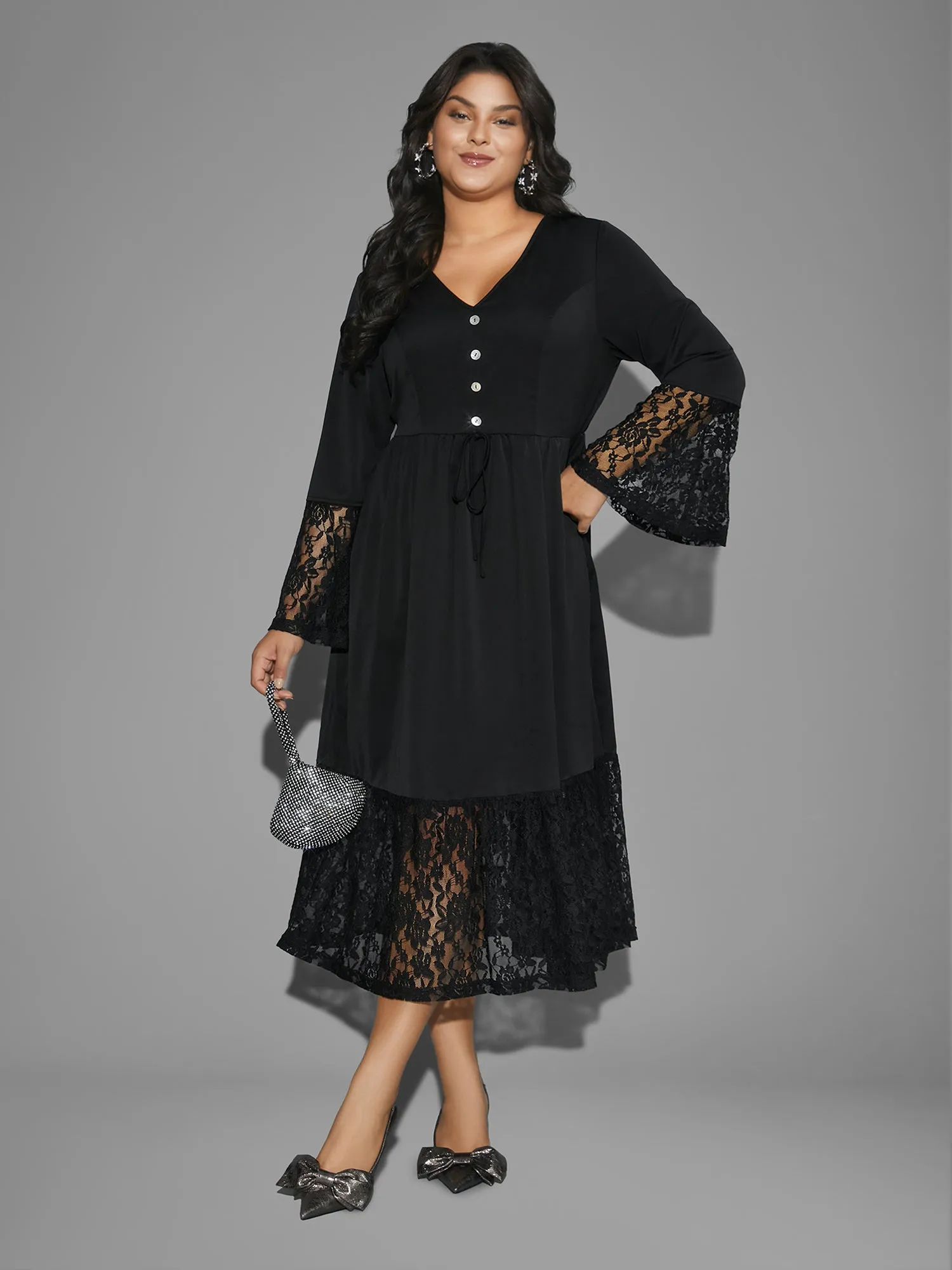 Lace Patchwork Button Detail Tie Knot Dress sold by Bloomchic product image thumbnail 3