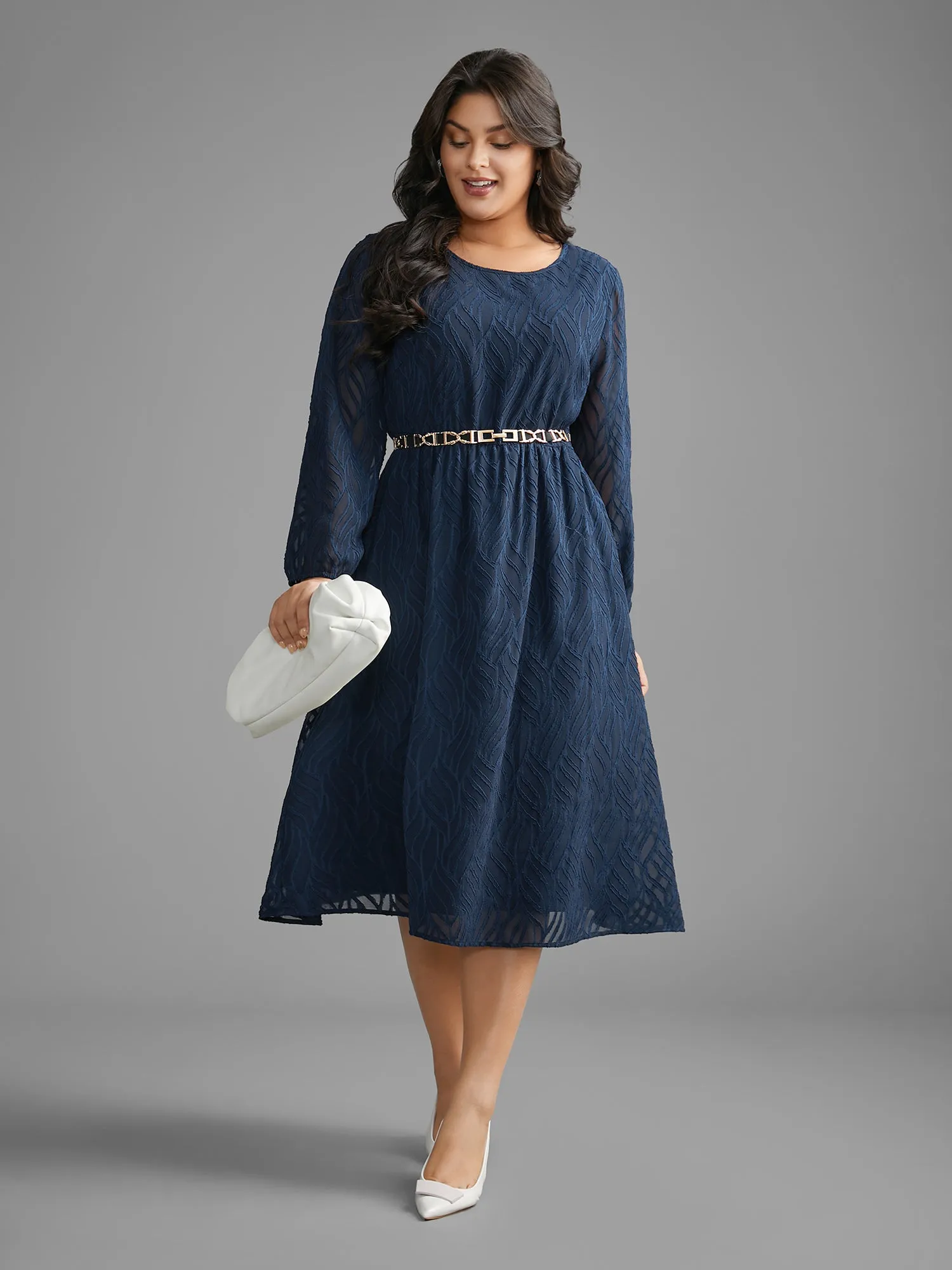 Textured Chiffon Lantern Sleeve Midi Dress sold by Bloomchic