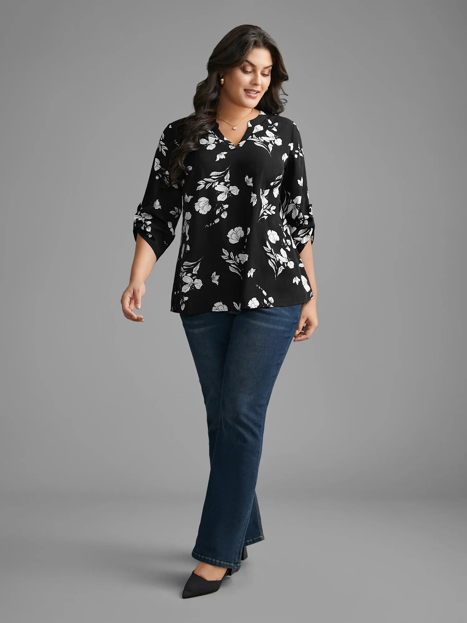 Silhouette Floral Print Tab Sleeve Slit Hem Blouse sold by Bloomchic product image thumbnail 2