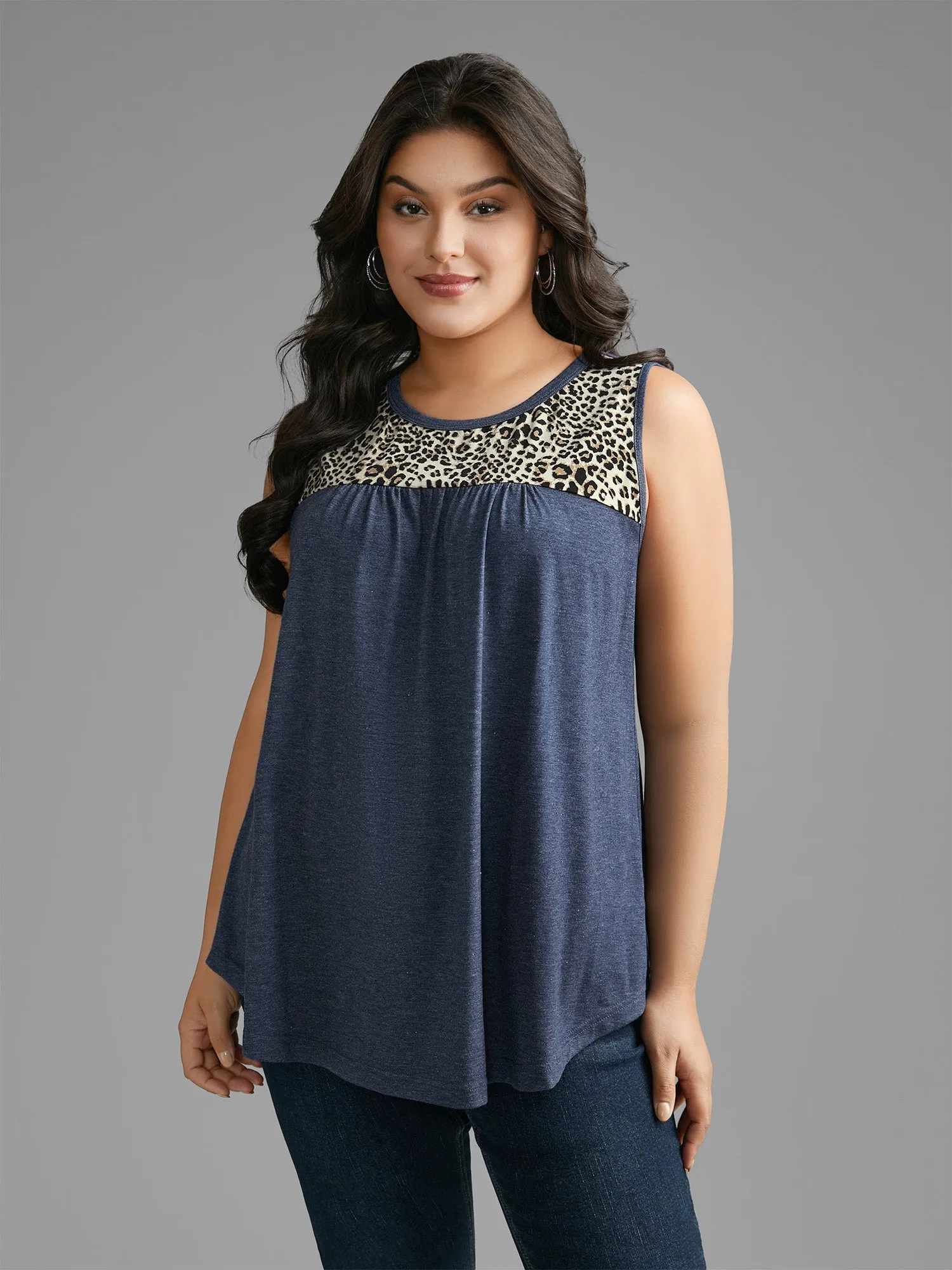 Leopard Print Patchwork Gathered Tank Top sold by Bloomchic