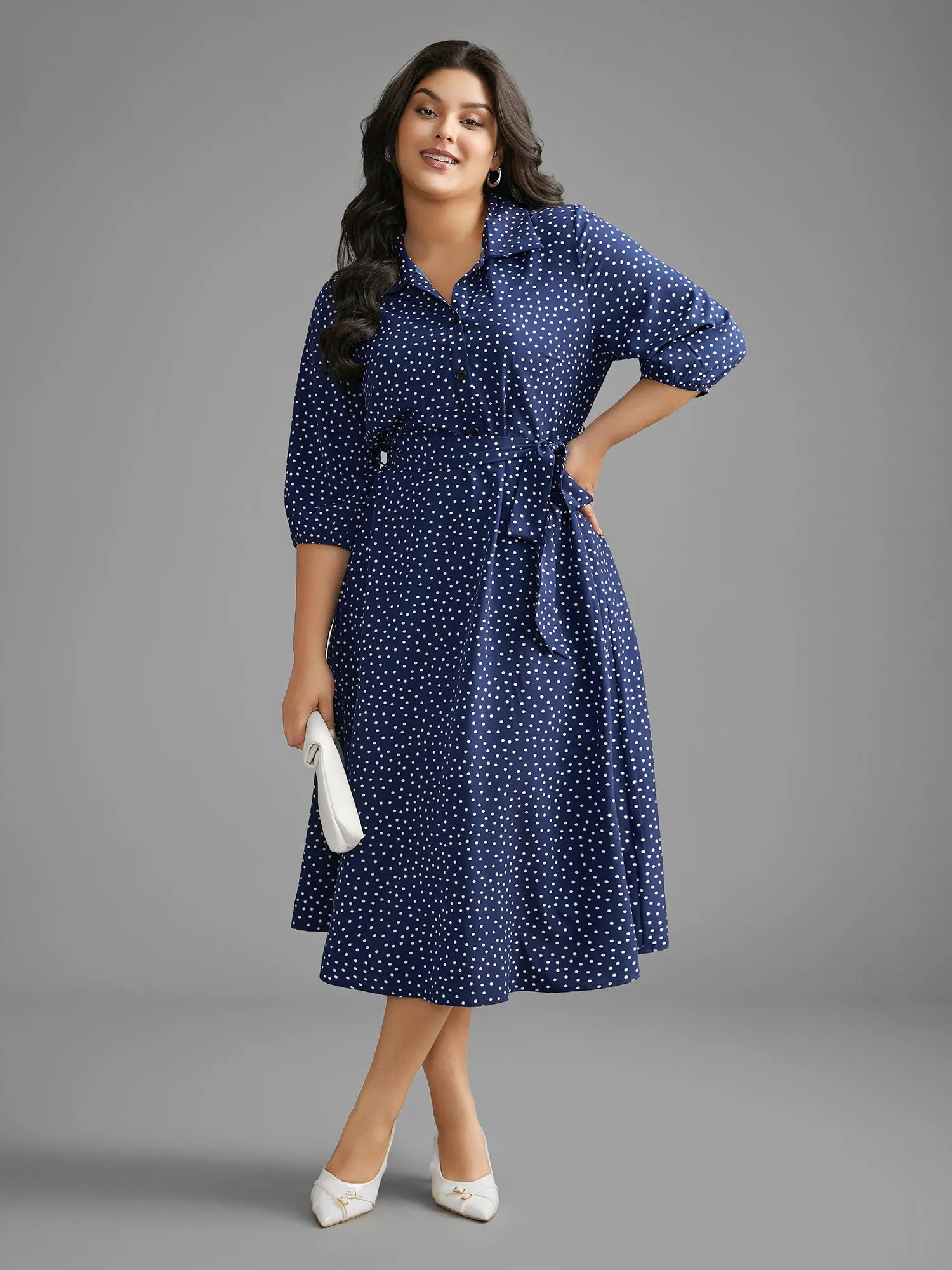 Polka Dot Shirt Collar Belted Dress sold by Bloomchic product image thumbnail 2