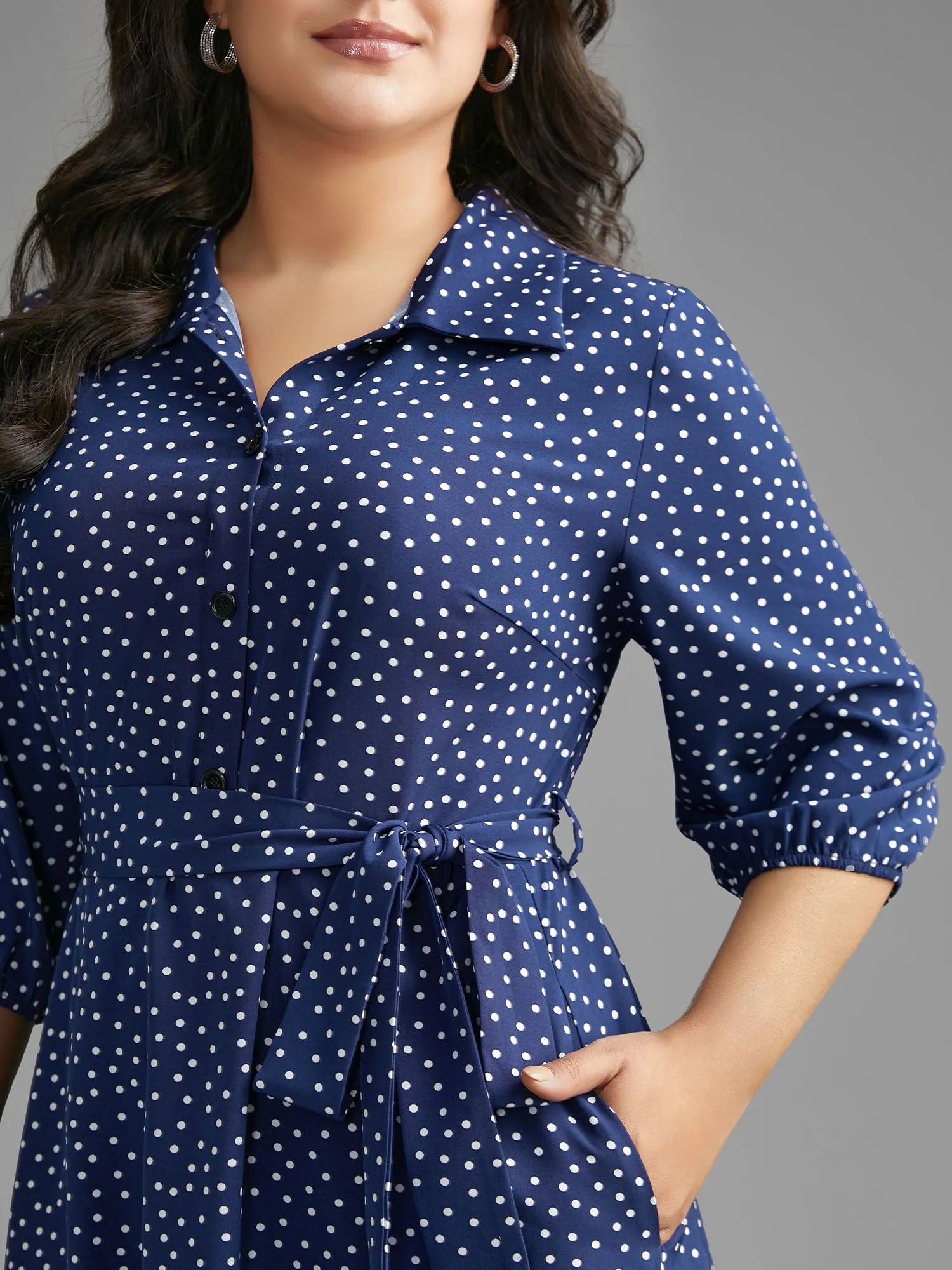 Polka Dot Shirt Collar Belted Dress sold by Bloomchic product image thumbnail 4
