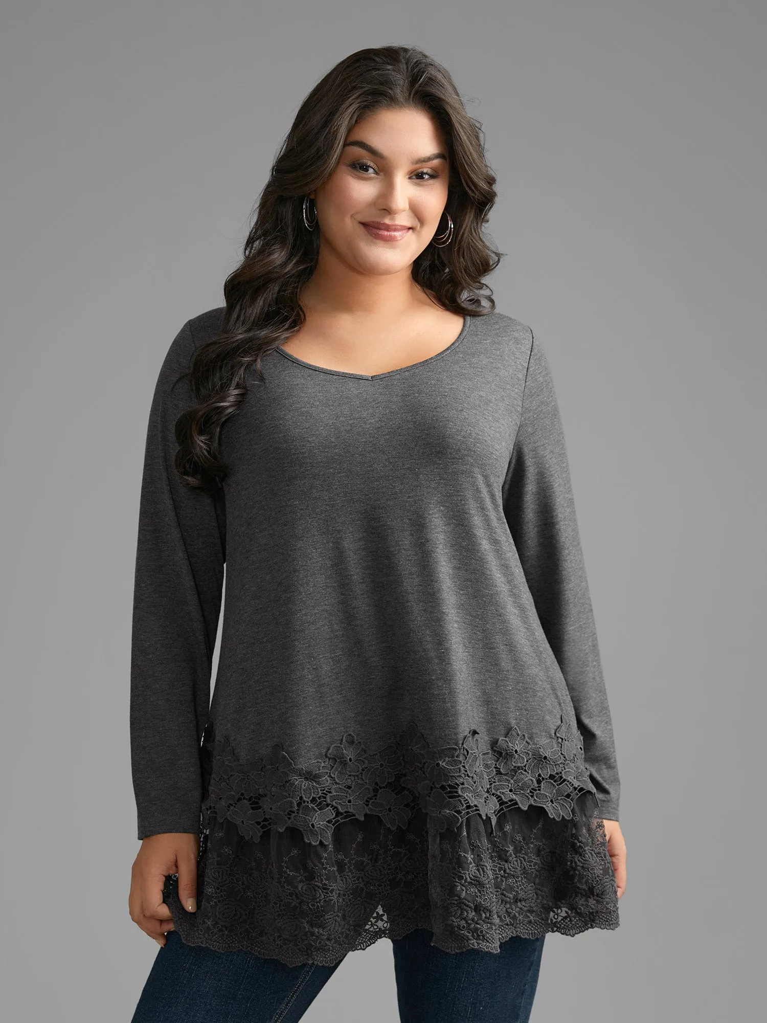 V Neck Lace Panel Jersey Top sold by Bloomchic